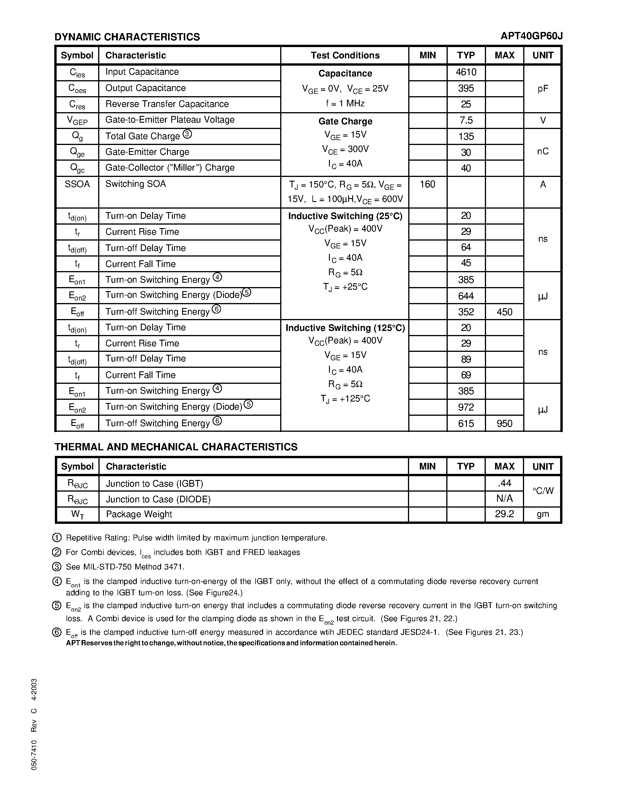 Datasheet APT40GP60J - POWER MOS 7 IGBT page 2