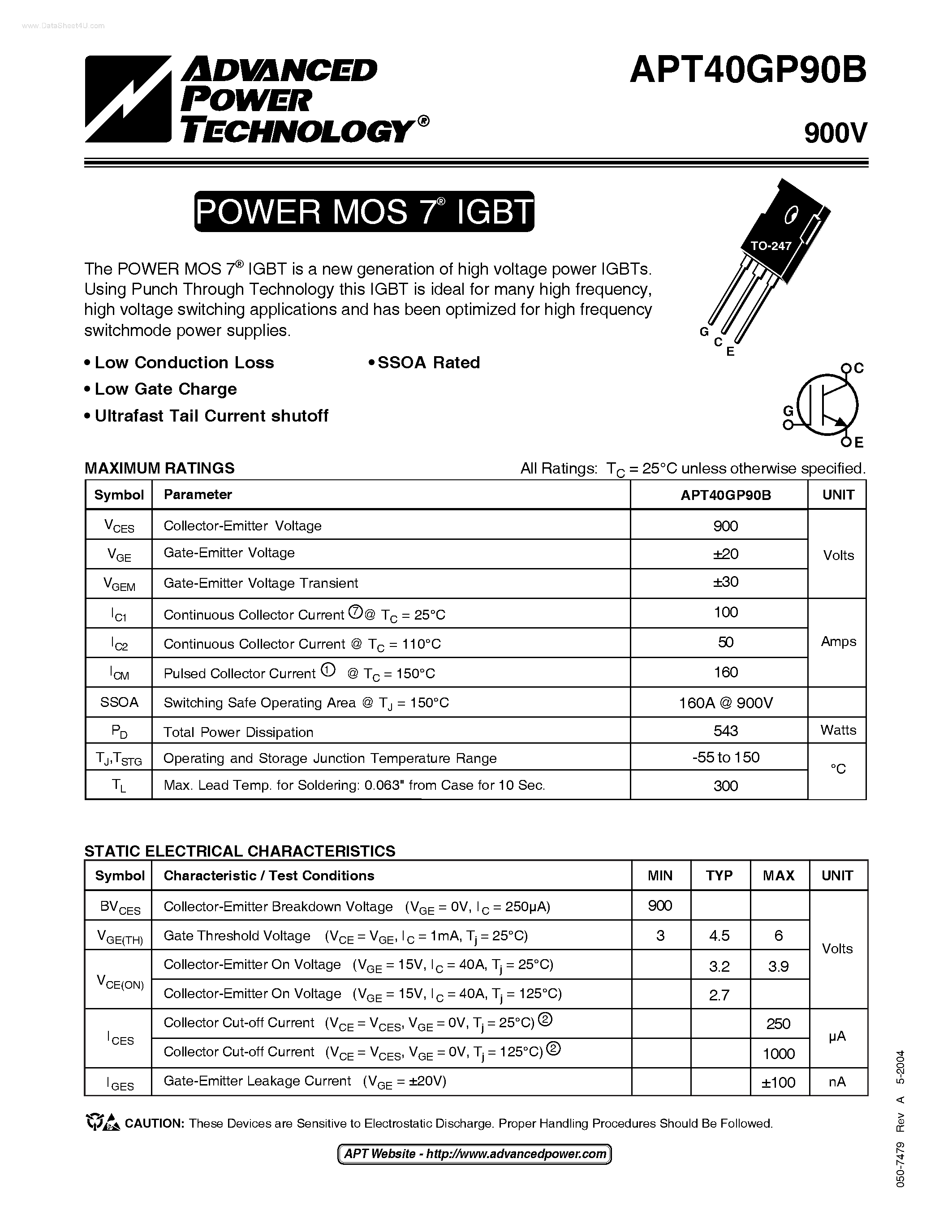Datasheet APT40GP90B - POWER MOS 7 IGBT page 1