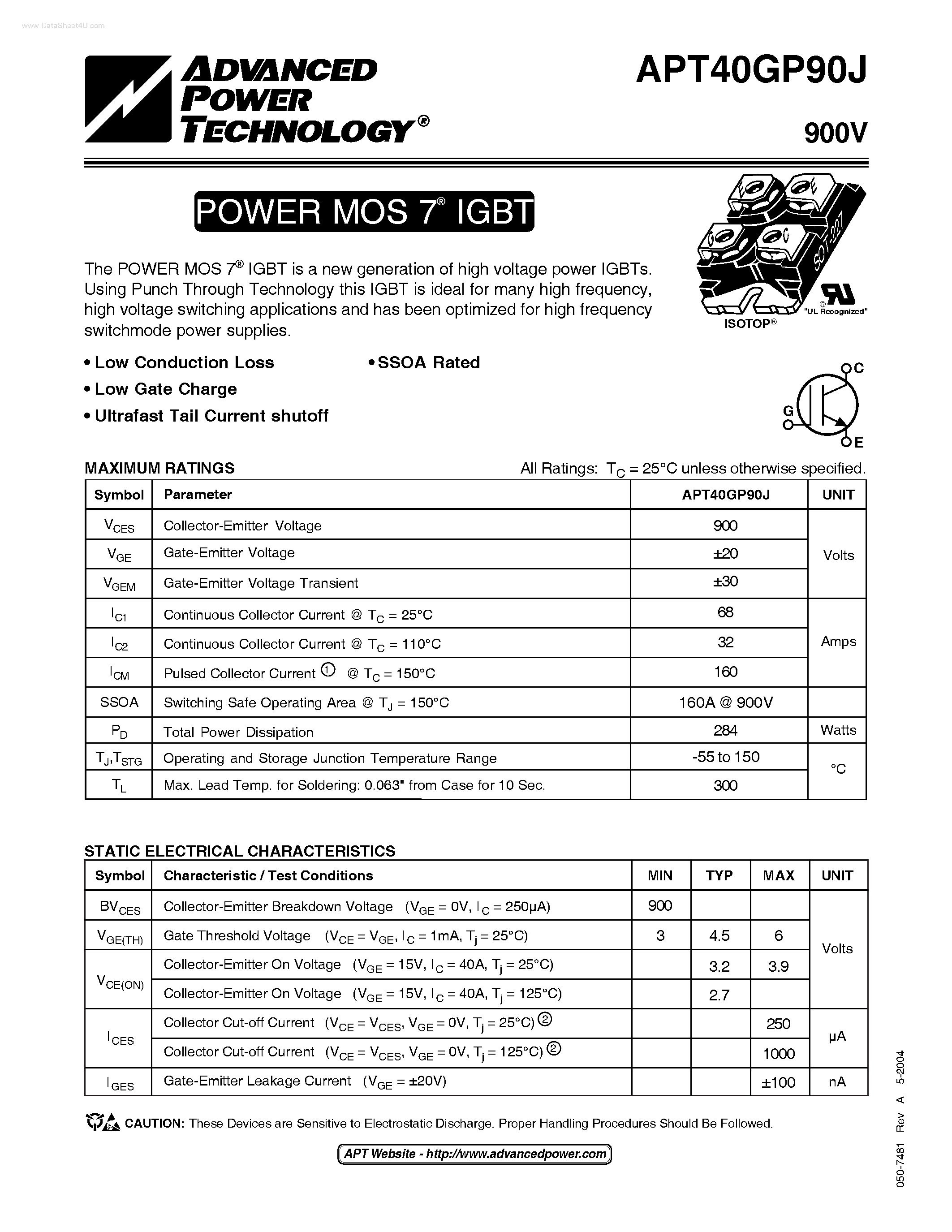 Datasheet APT40GP90J - POWER MOS 7 IGBT page 1