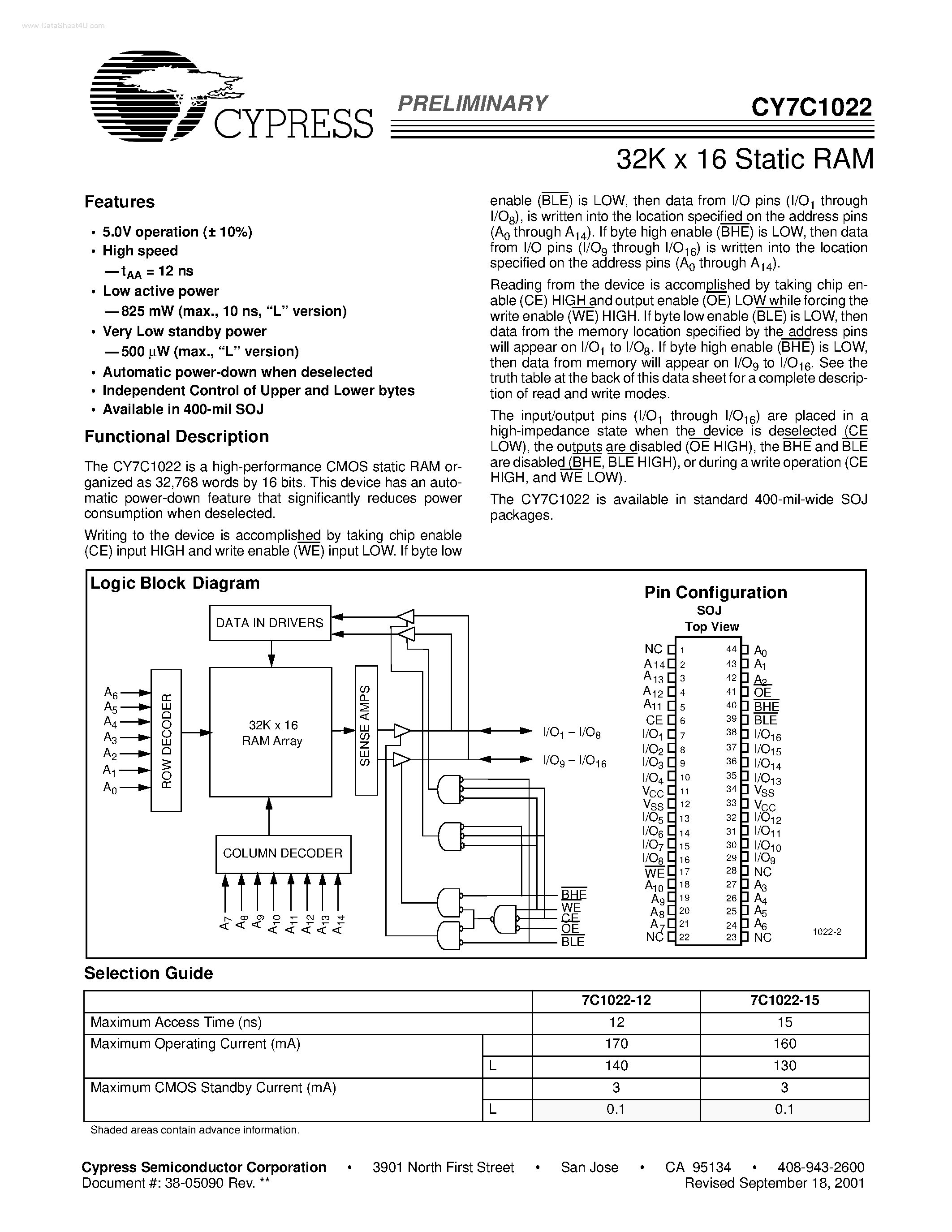 Даташит на микросхему CY7C1022 страница 1 Даташит CY7C1022 - 32K x 16 Static RAM страница 1