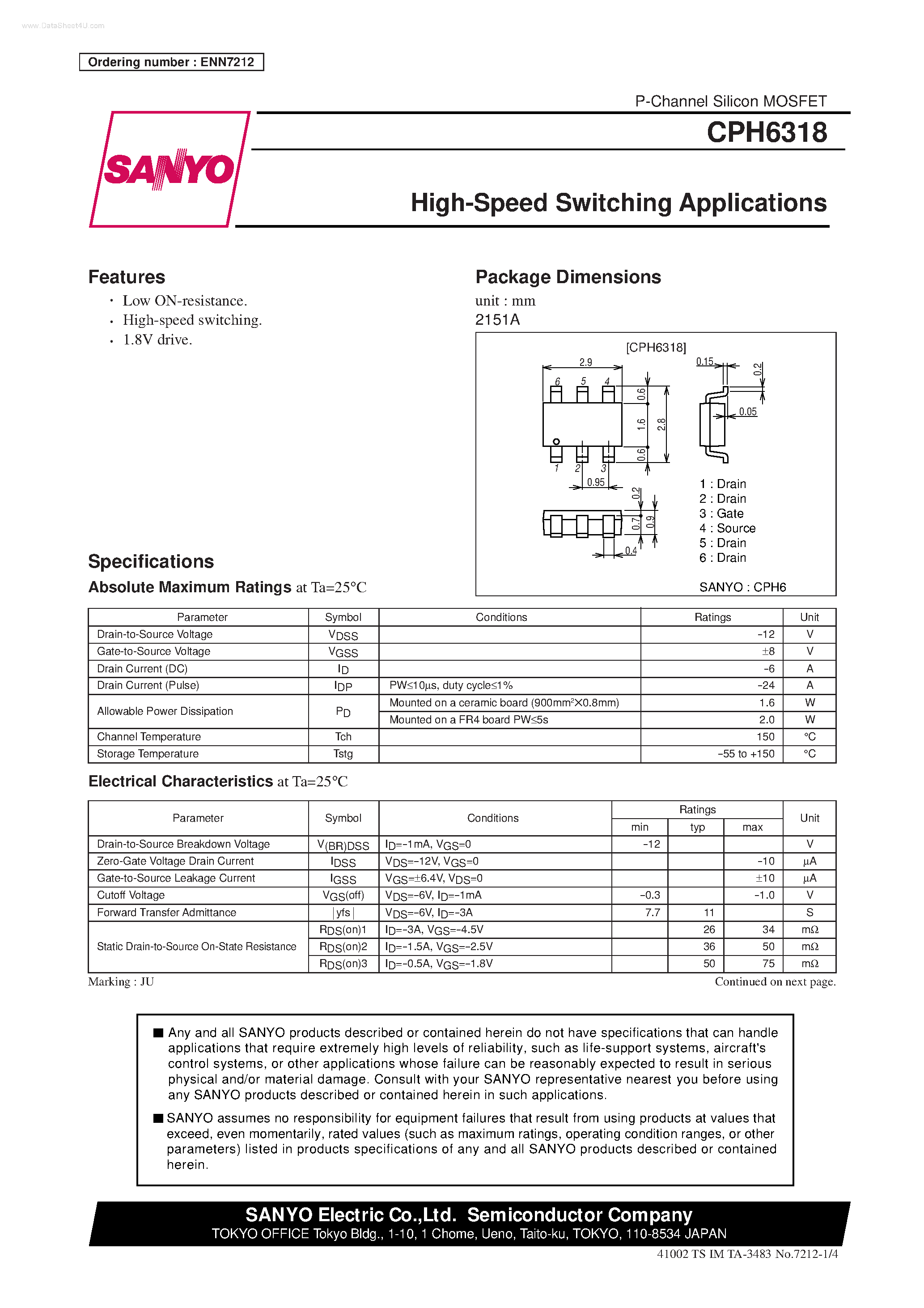 Даташит на микросхему CPH6318 страница 1 Даташит CPH6318 - High-Speed Switching Applications страница 1