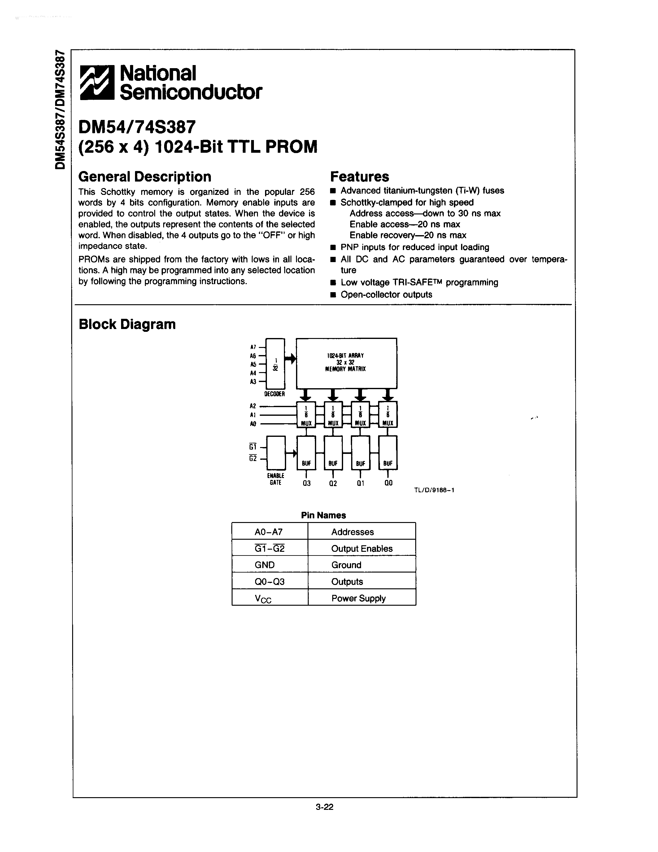 Datasheet DM54S387 - 256 X 4 1024-Bit TTL PROM page 1