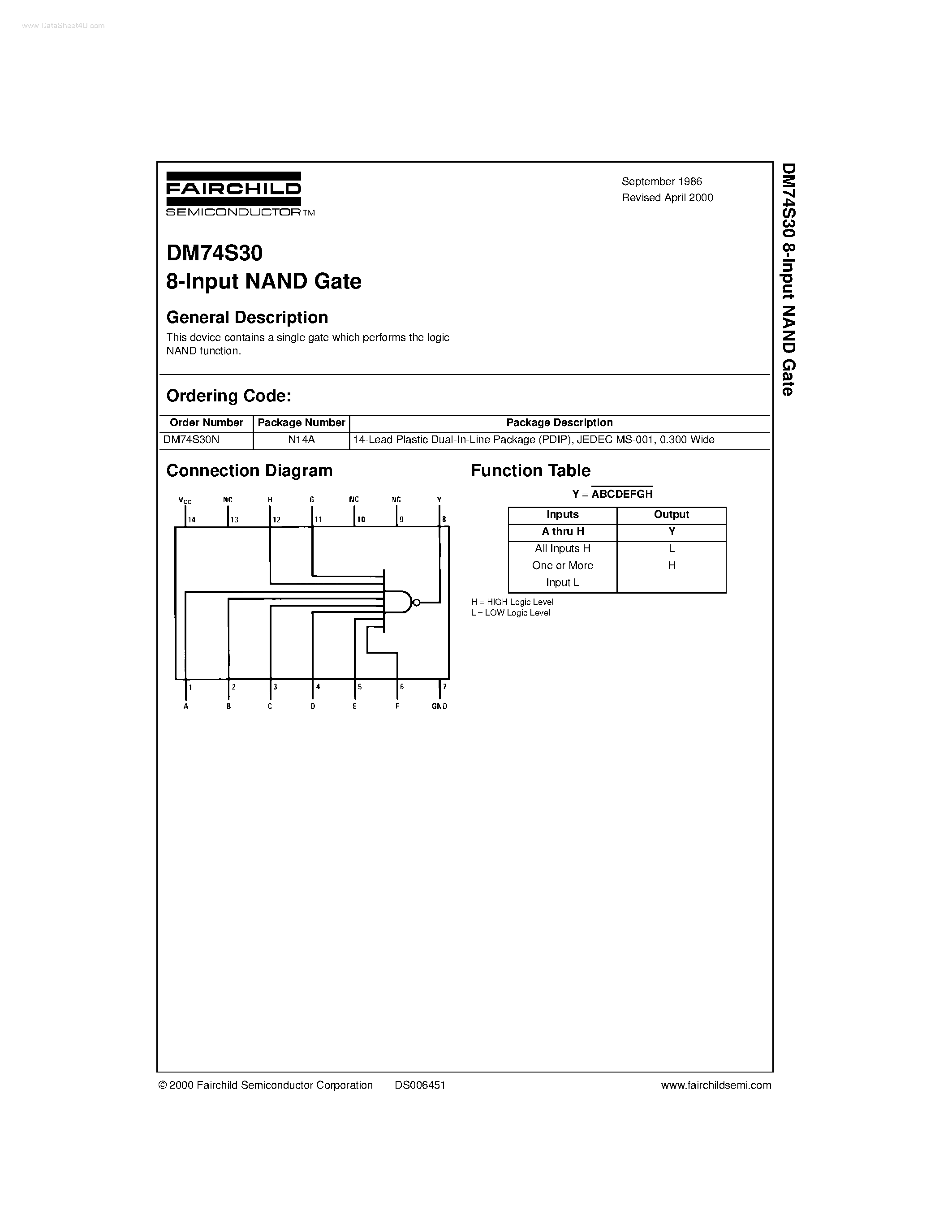 Даташит на микросхему DM74S30 страница 1 Даташит DM74S30 - 8-Input NAND Gate страница 1