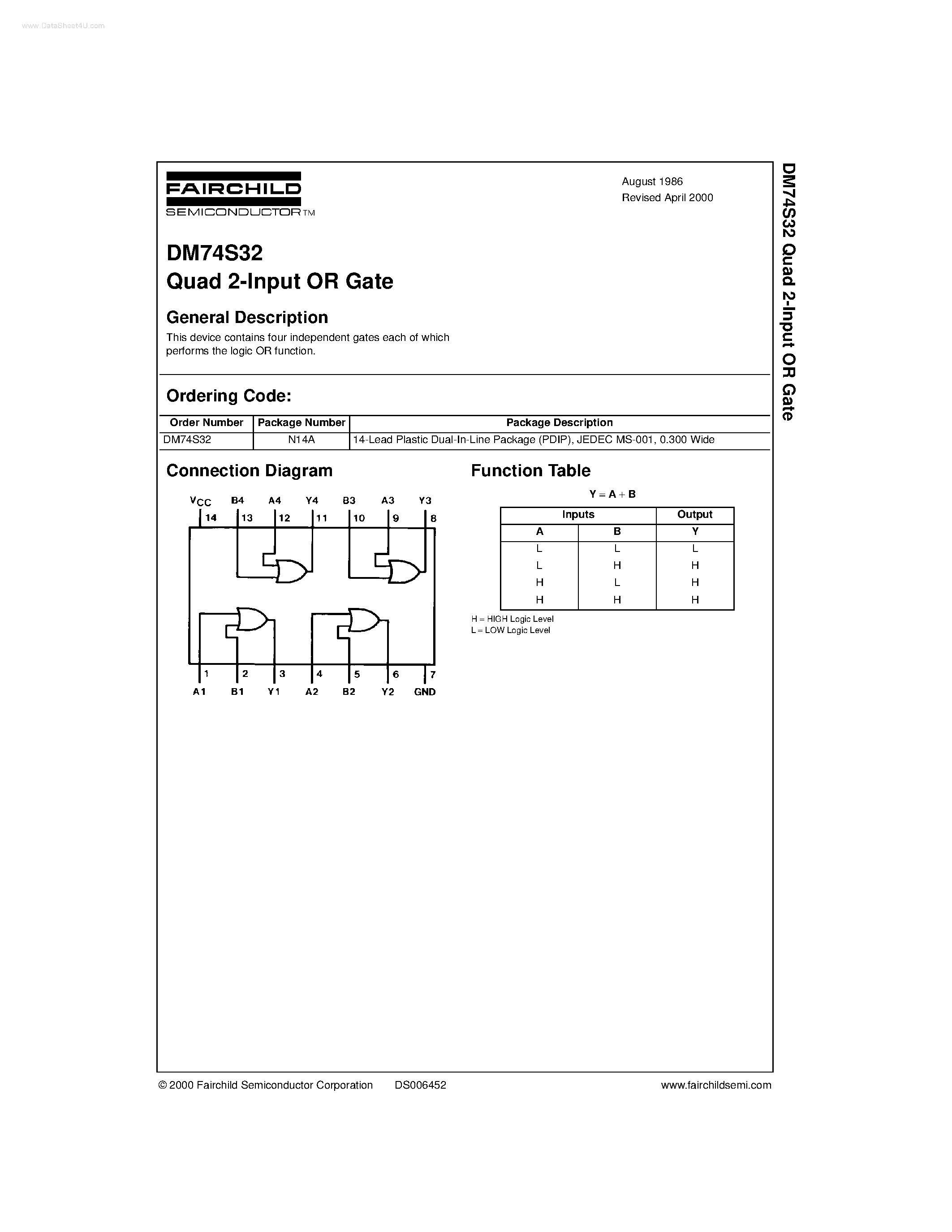 Datasheet DM74S32 - Quad 2-Input OR Gate page 1
