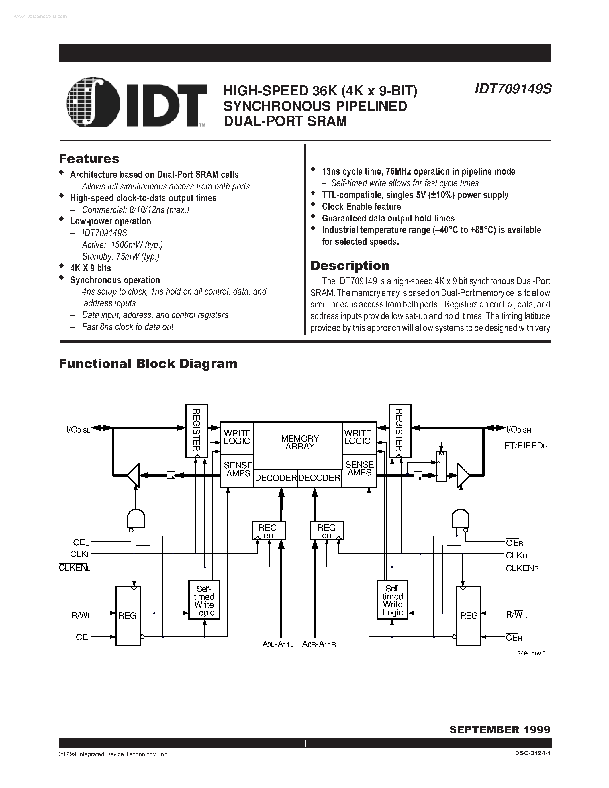 Datasheet IDT709149S - HIGH-SPEED 36K (4K x 9-BIT) SYNCHRONOUS PIPELINED DUAL-PORT SRAM page 1