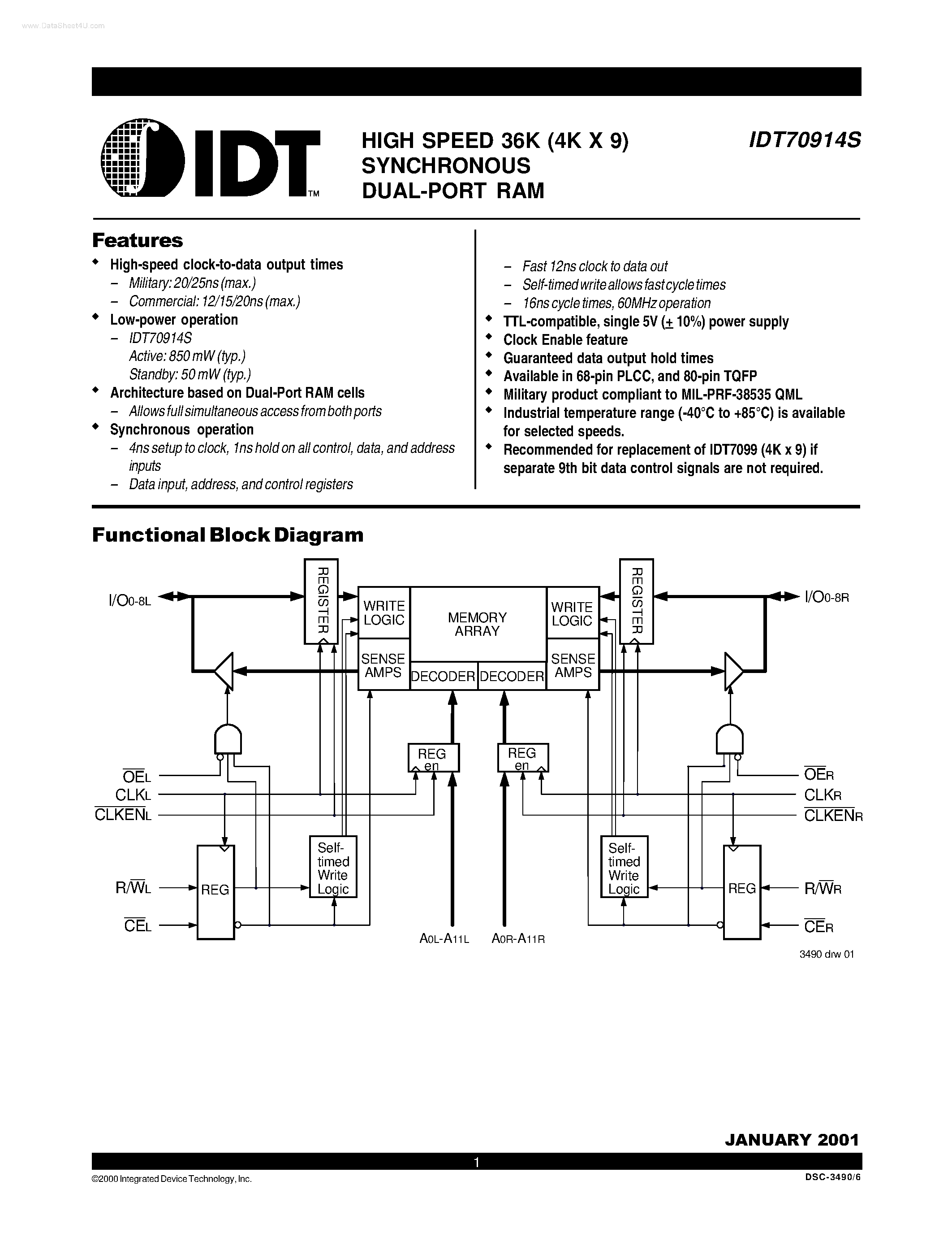 Datasheet IDT70914S - HIGH SPEED 36K (4K X 9) SYNCHRONOUS DUAL-PORT RAM page 1