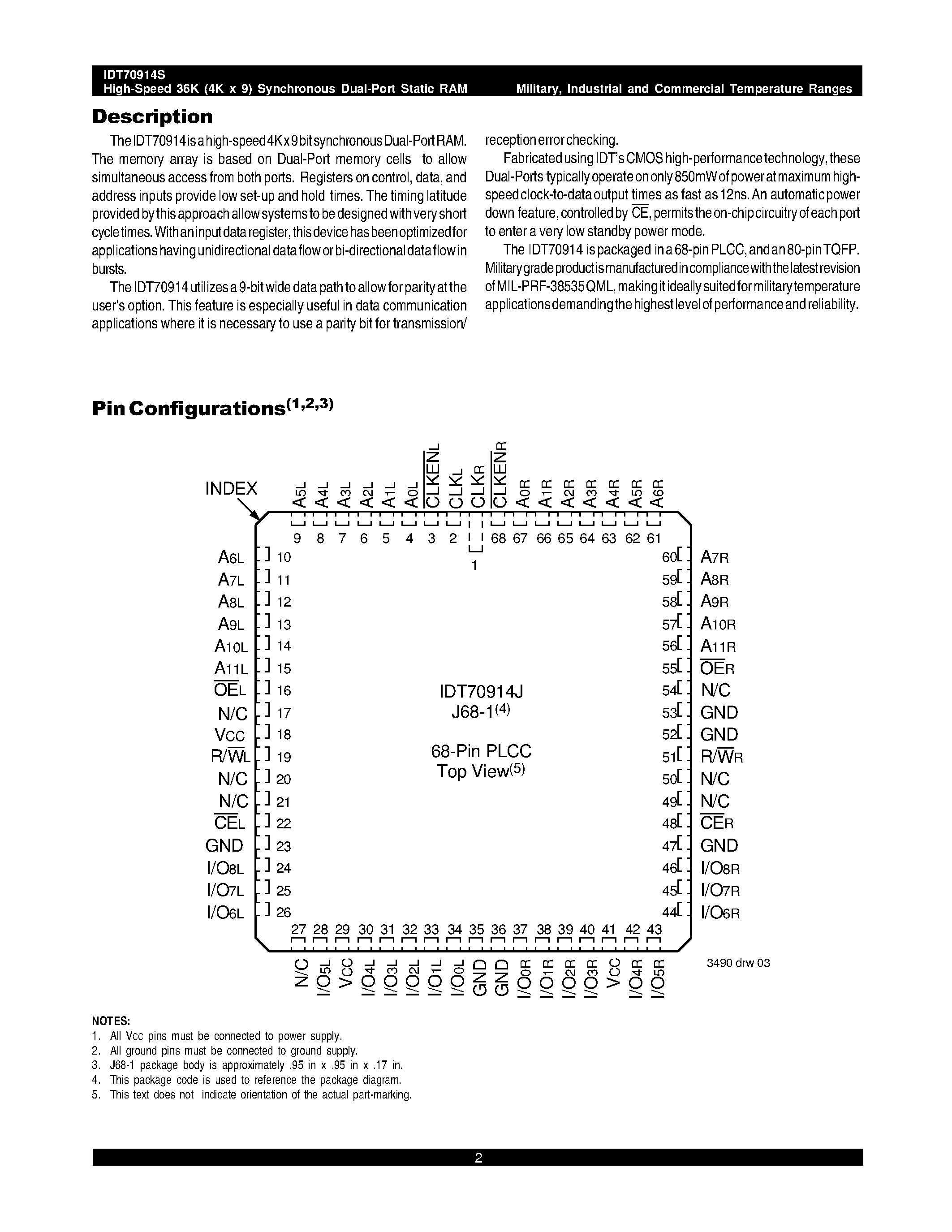 Datasheet IDT70914S - HIGH SPEED 36K (4K X 9) SYNCHRONOUS DUAL-PORT RAM page 2