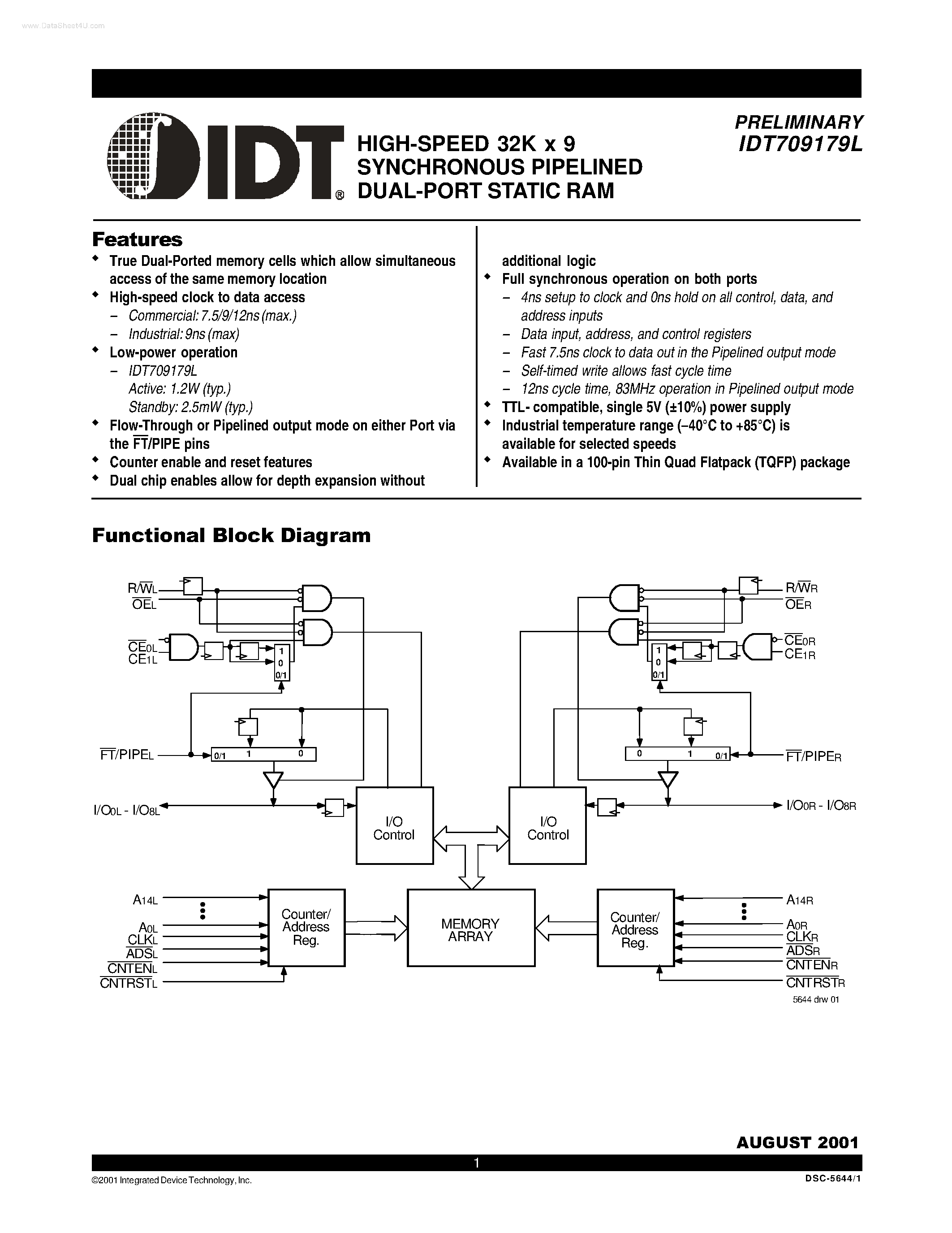 Datasheet IDT709179L - HIGH-SPEED 32K X 9 SYNCHRONOUS PIPELINED DUAL-PORT STATIC RAM page 1