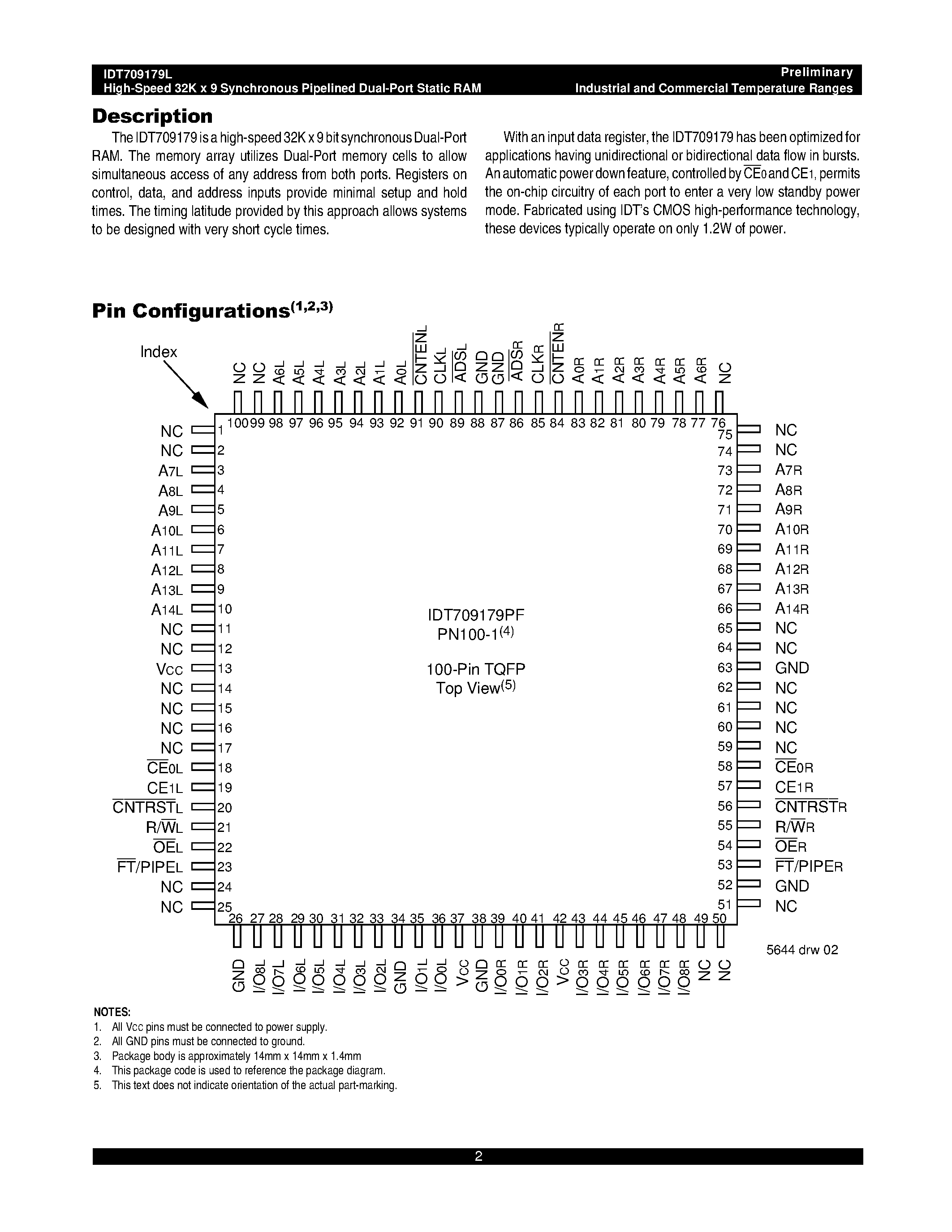 Datasheet IDT709179L - HIGH-SPEED 32K X 9 SYNCHRONOUS PIPELINED DUAL-PORT STATIC RAM page 2