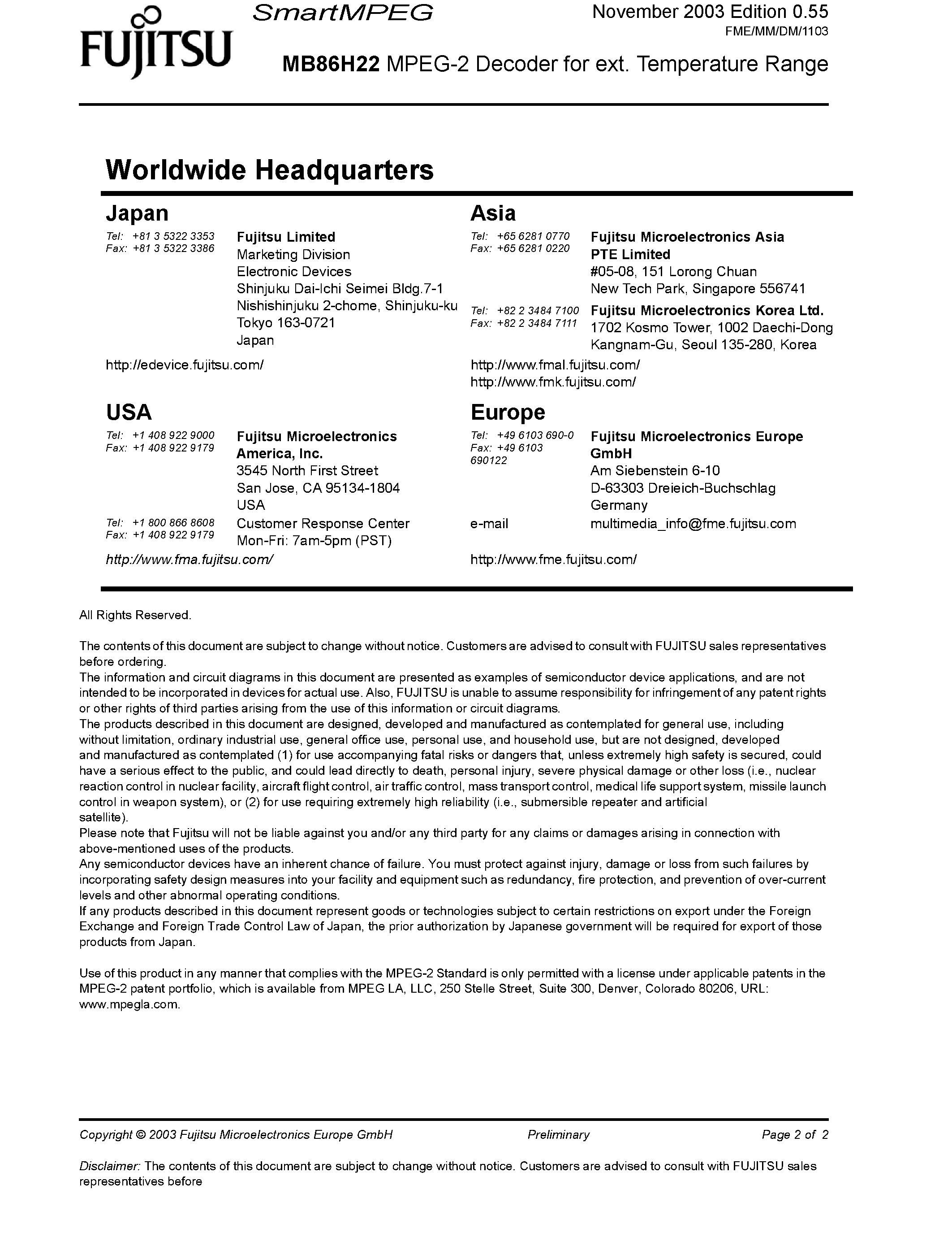 Datasheet MB86H22 - MPEG-2 Decoder page 2