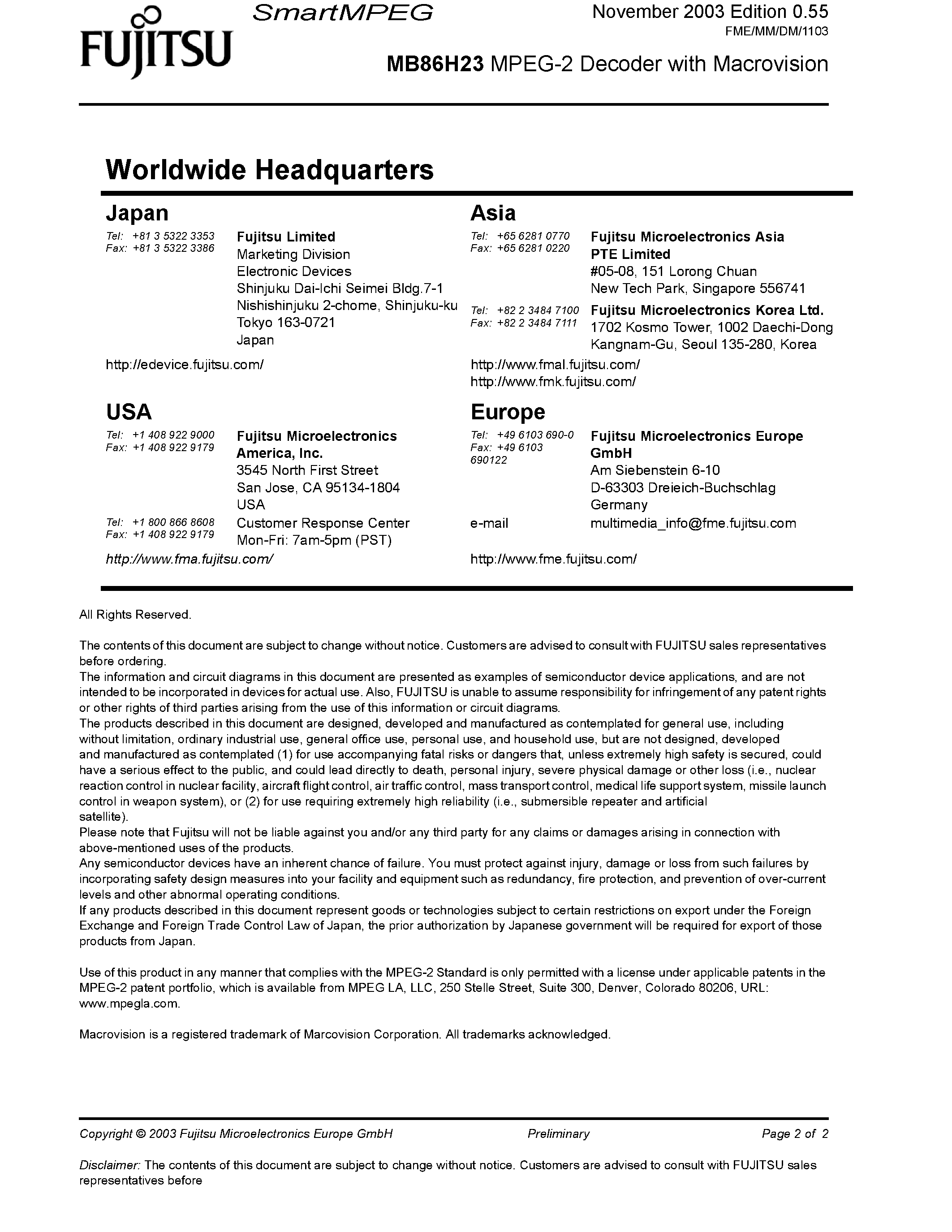 Datasheet MB86H23 - MPEG-2 Decoder page 2