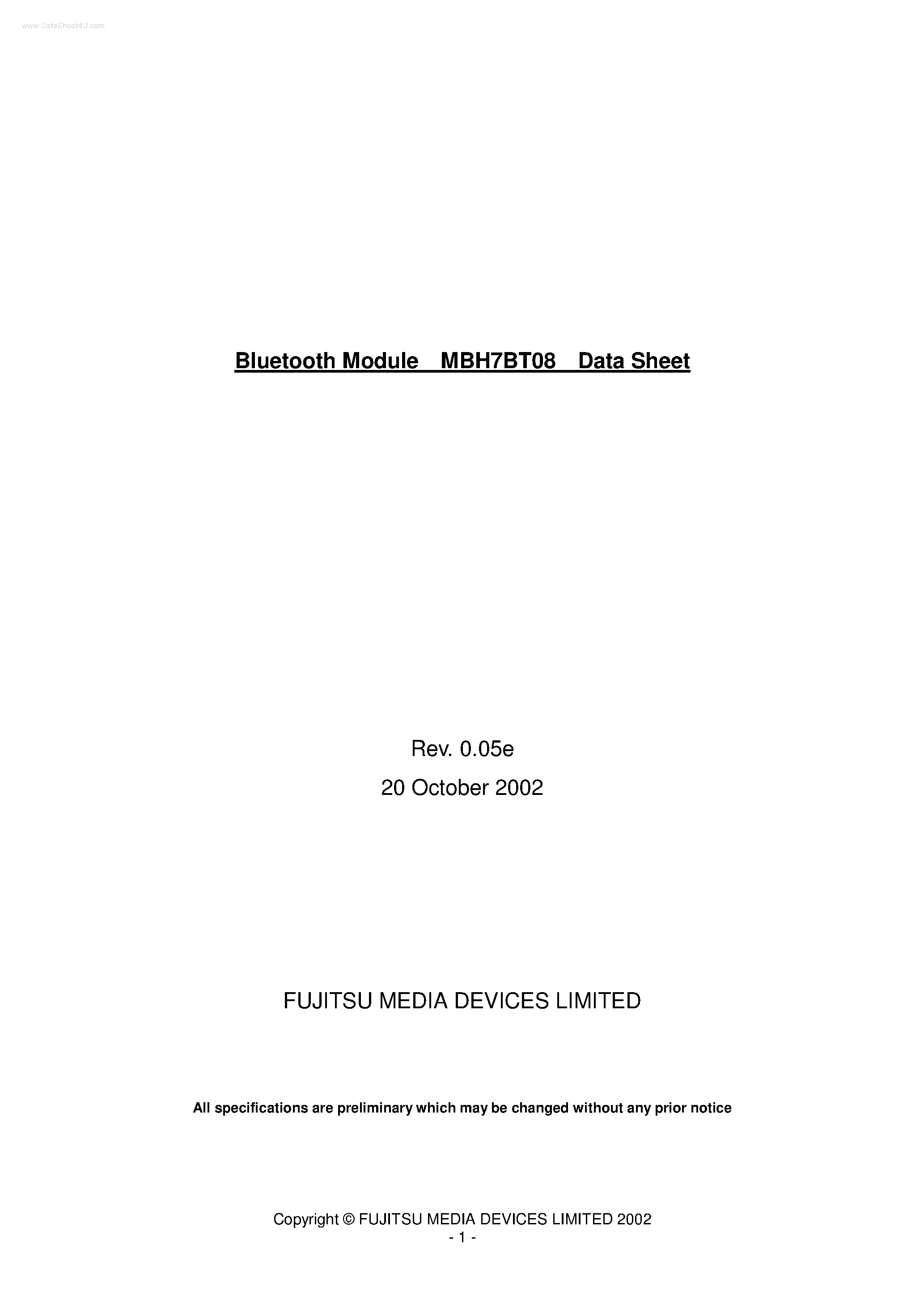 Даташит на микросхему MBH7BT08 страница 1 Даташит MBH7BT08 - Bluetooth Specification Version 1.1 Compliant страница 1