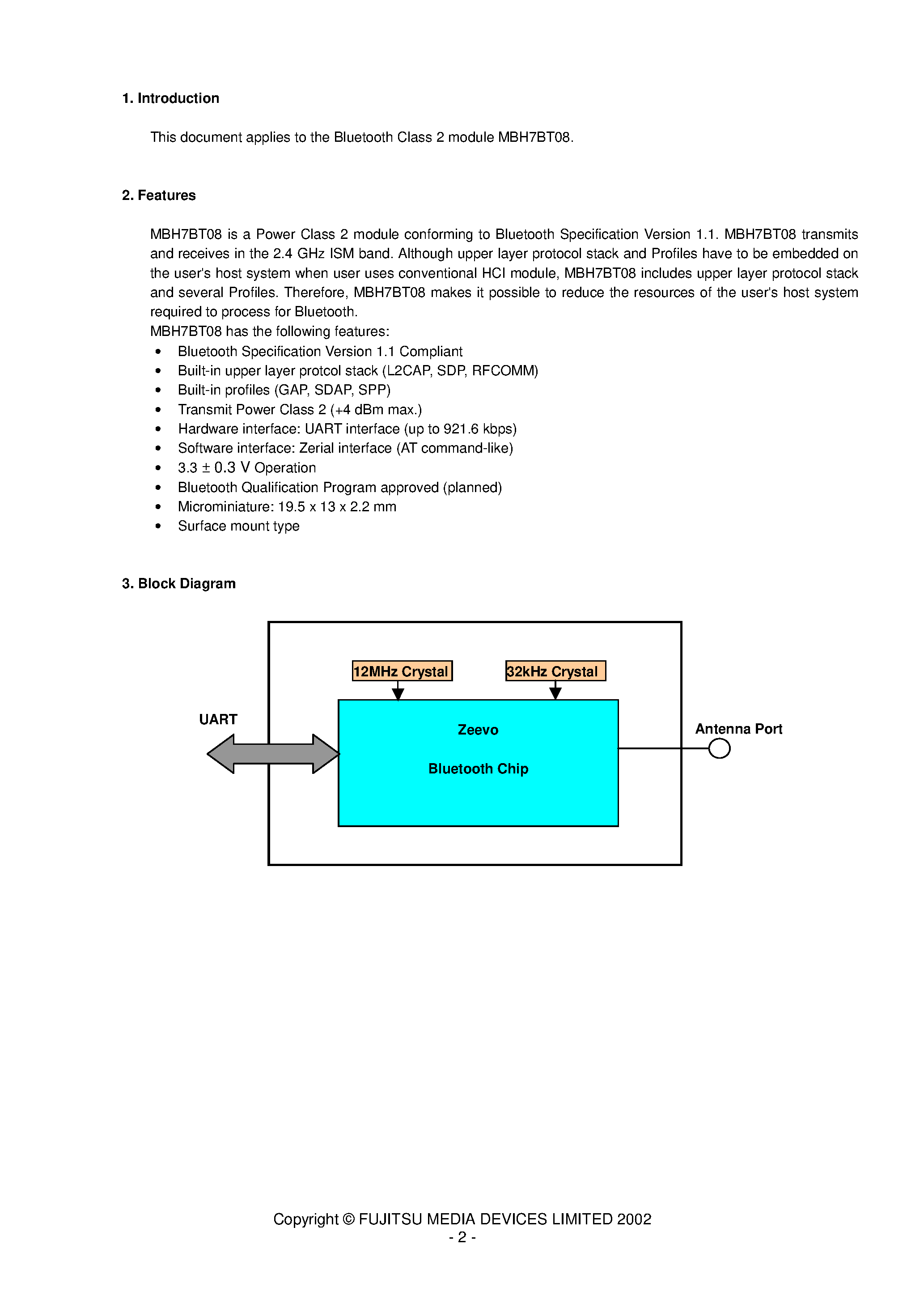 Даташит на микросхему MBH7BT08 страница 2 Даташит MBH7BT08 - Bluetooth Specification Version 1.1 Compliant страница 2