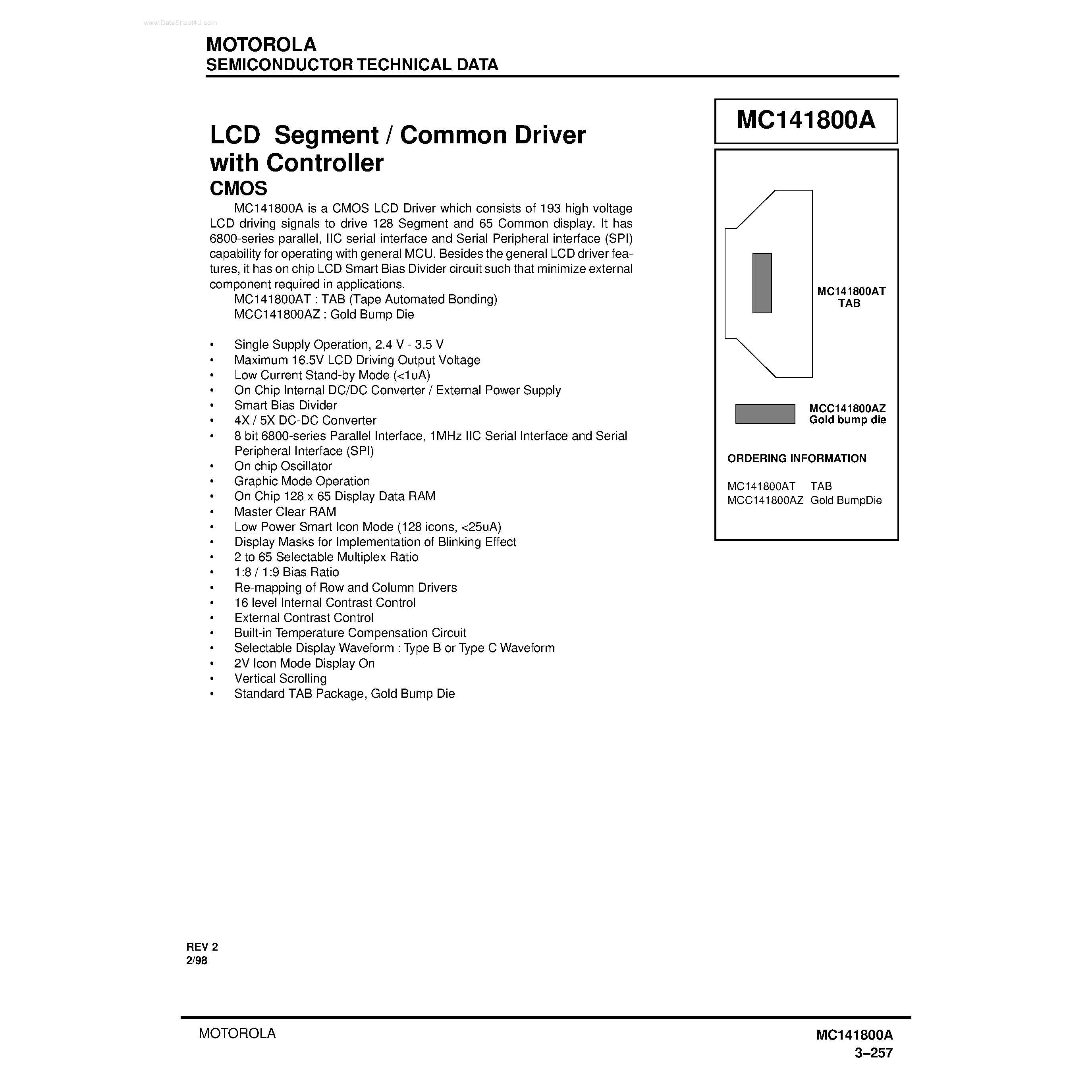 Даташит MC141800A - LCD Segment / Common Driver страница 1