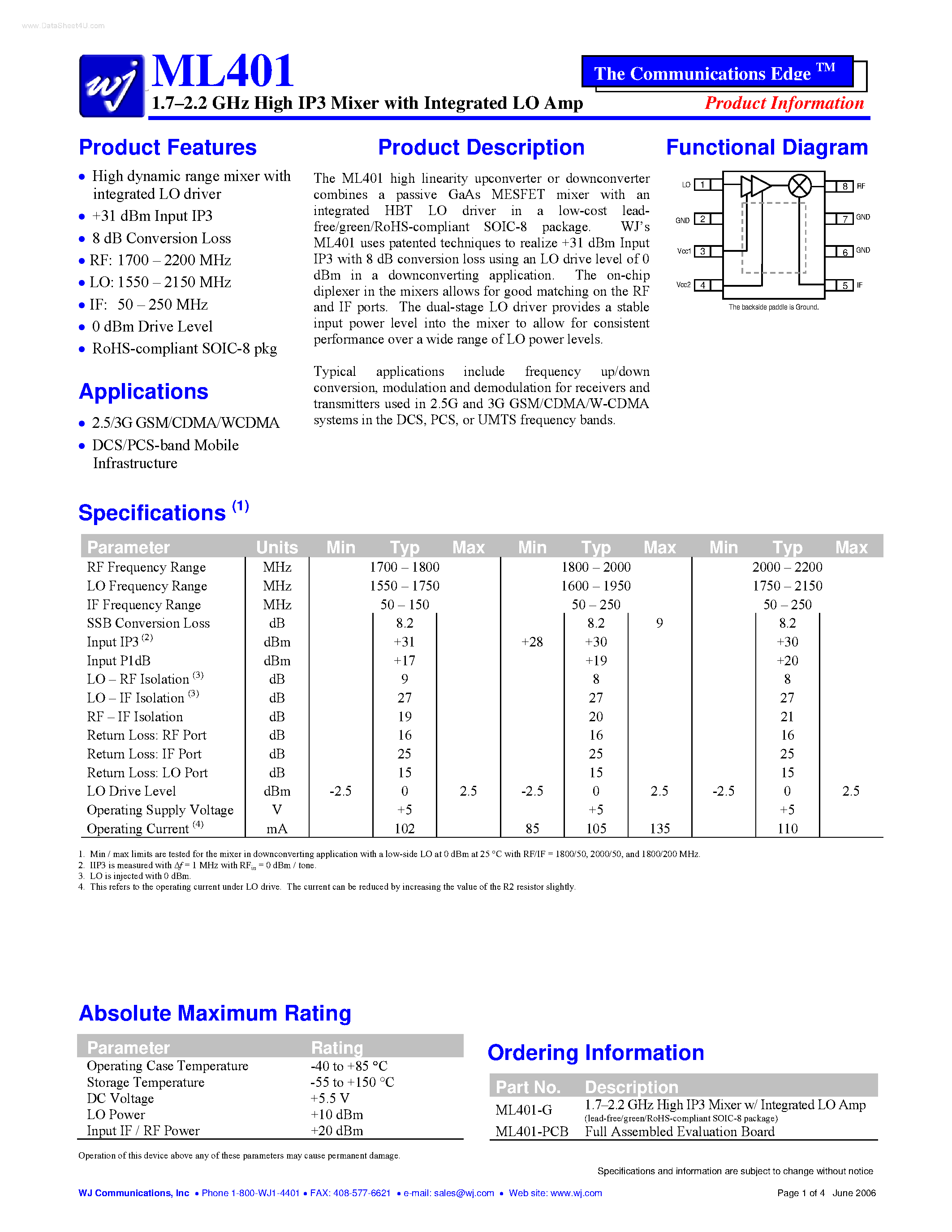 Даташит ML401 - 1.7-2.2 GHz High IP3 Mixer страница 1