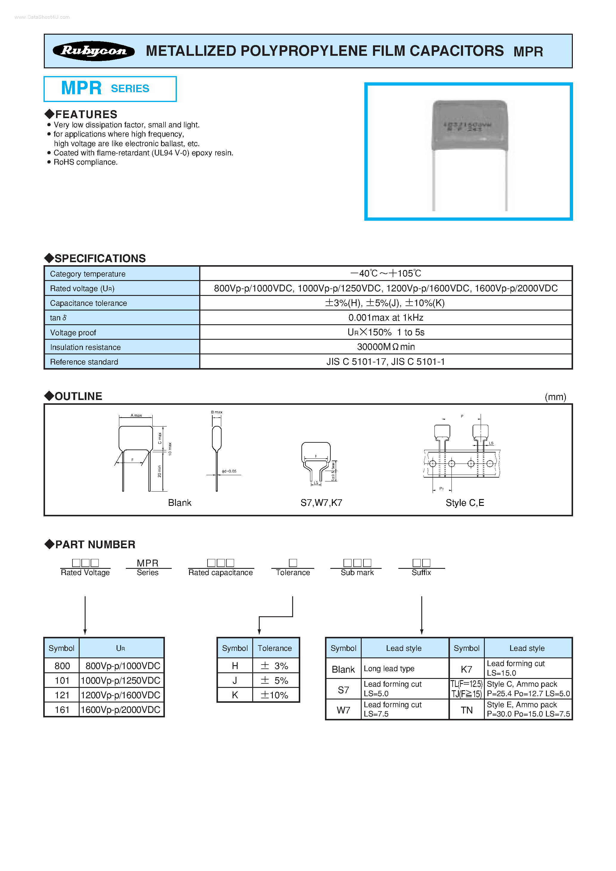 Datasheet MPR - METALLIZED POLYPROPYLENE FILM CAPACITORS page 1