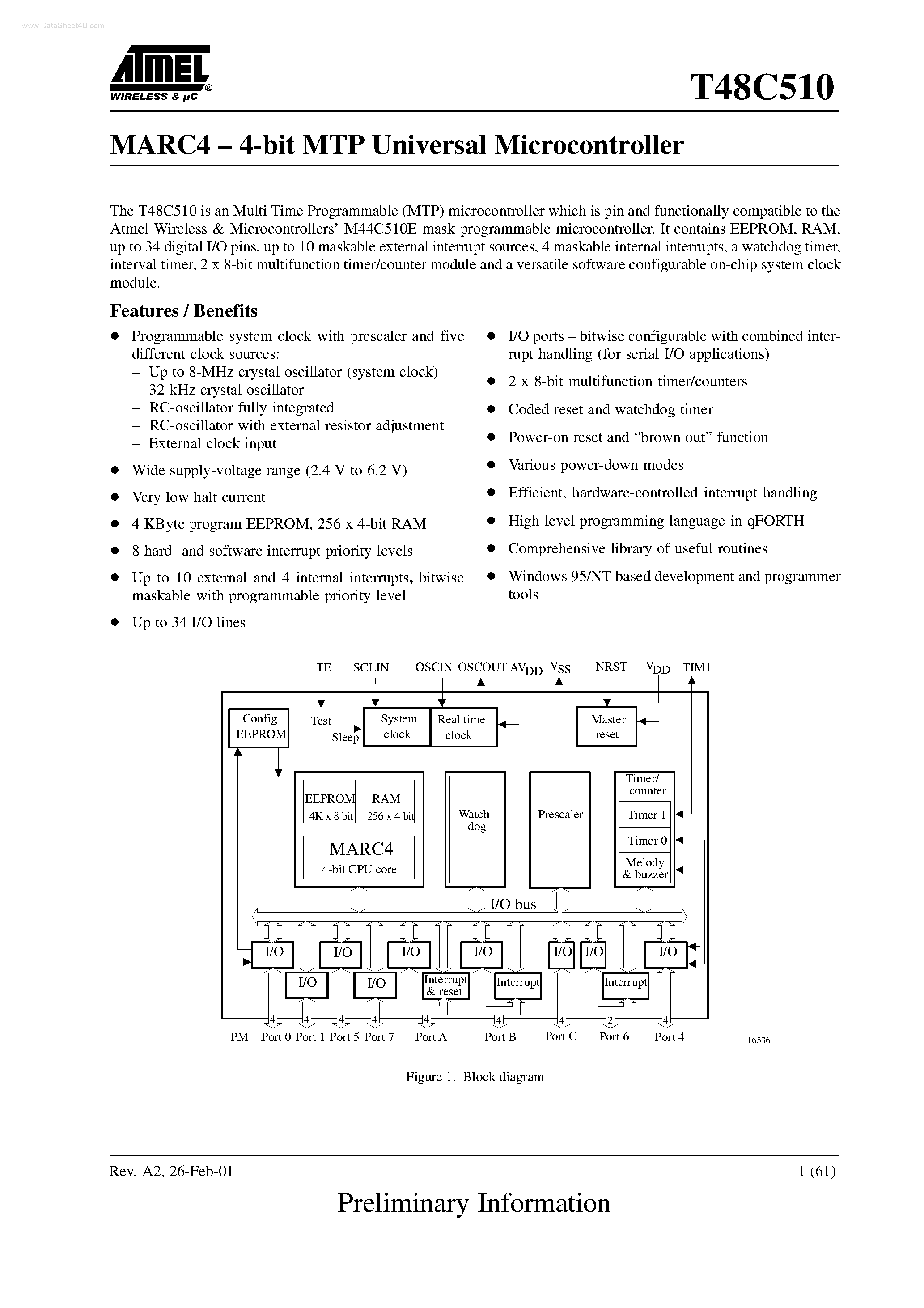 Datasheet T48C510 - 4-bit MTP Universal Microcontroller page 1