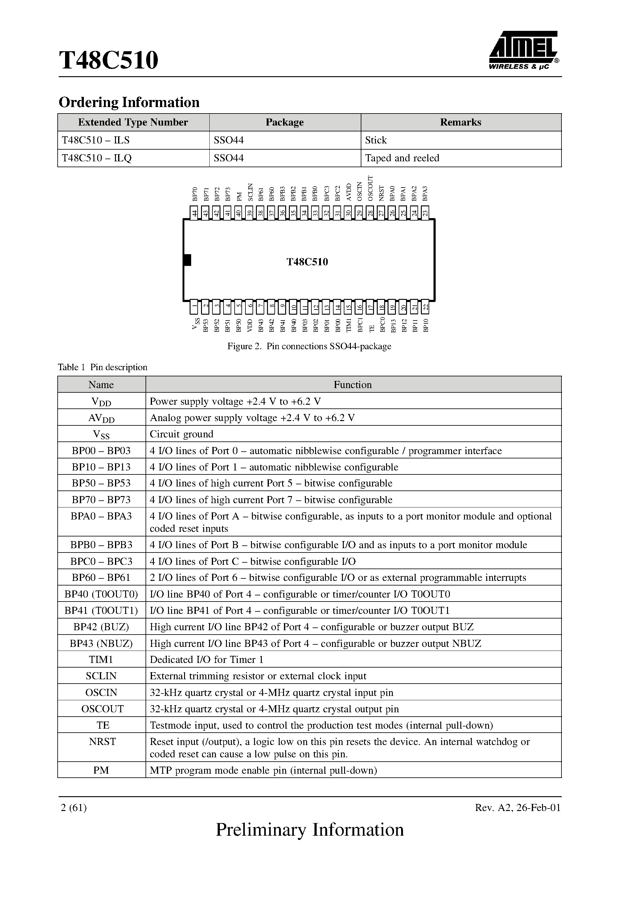 Datasheet T48C510 - 4-bit MTP Universal Microcontroller page 2