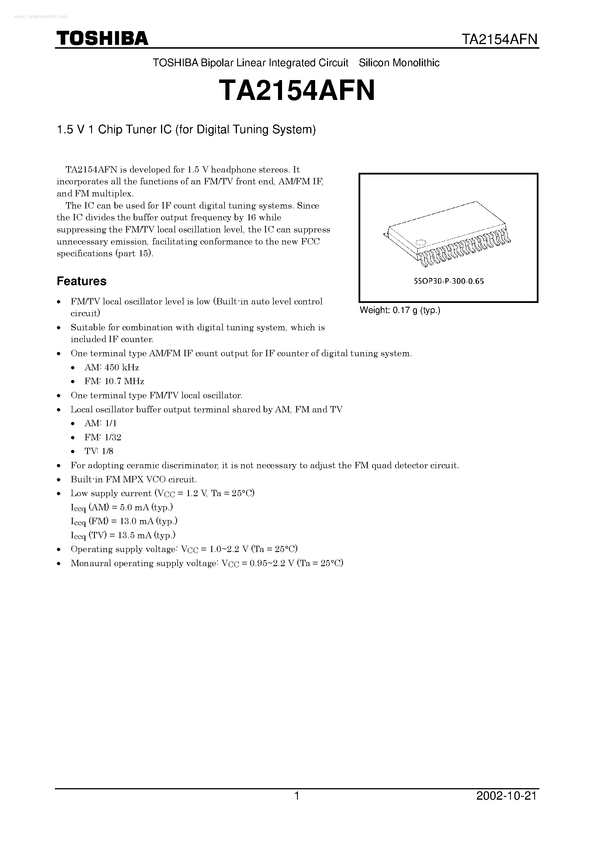 Даташит TA2154AFN - 1.5 V 1 Chip Tuner IC страница 1