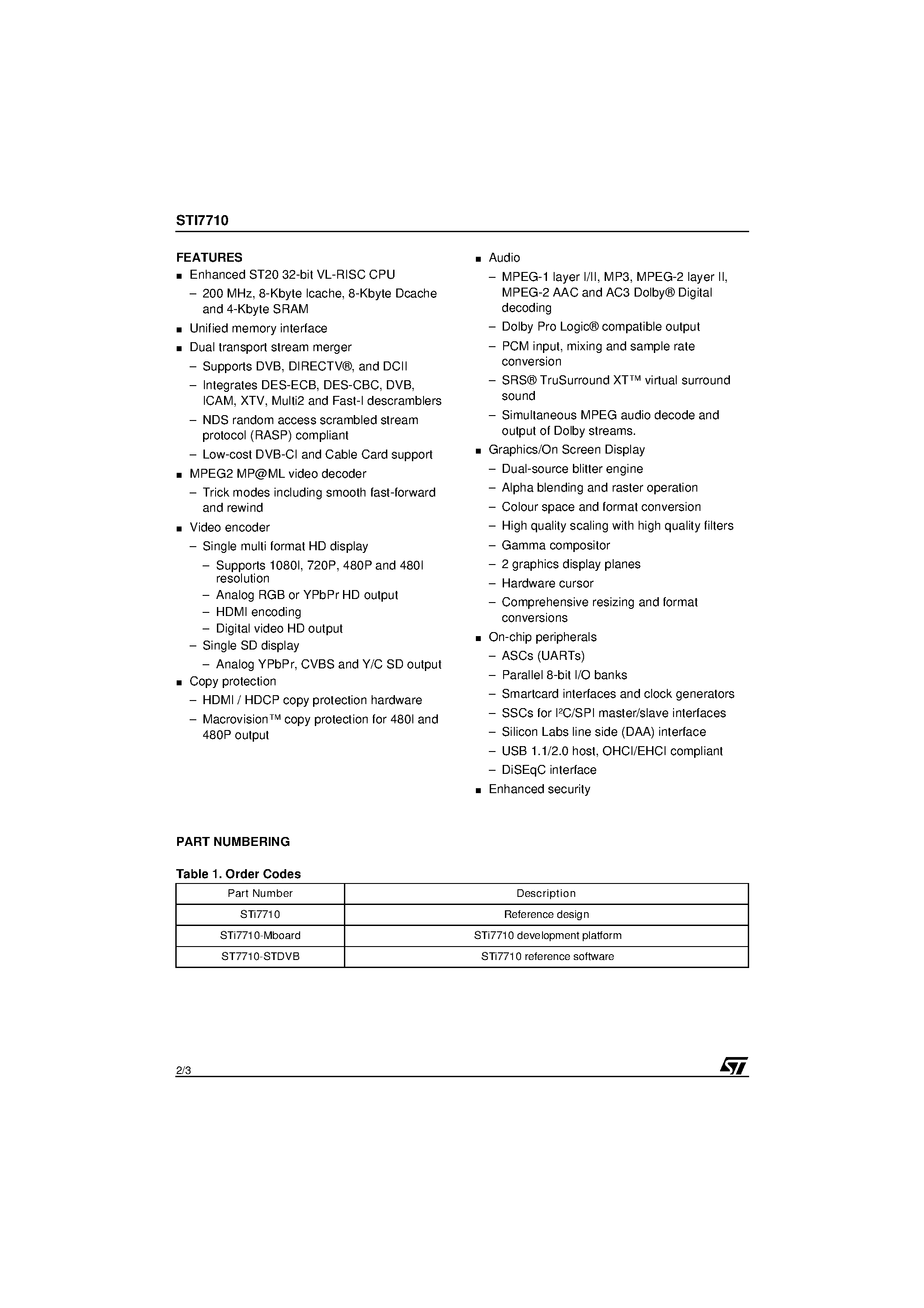 Datasheet ST7710 - low-cost high definition set-top box decoder page 2
