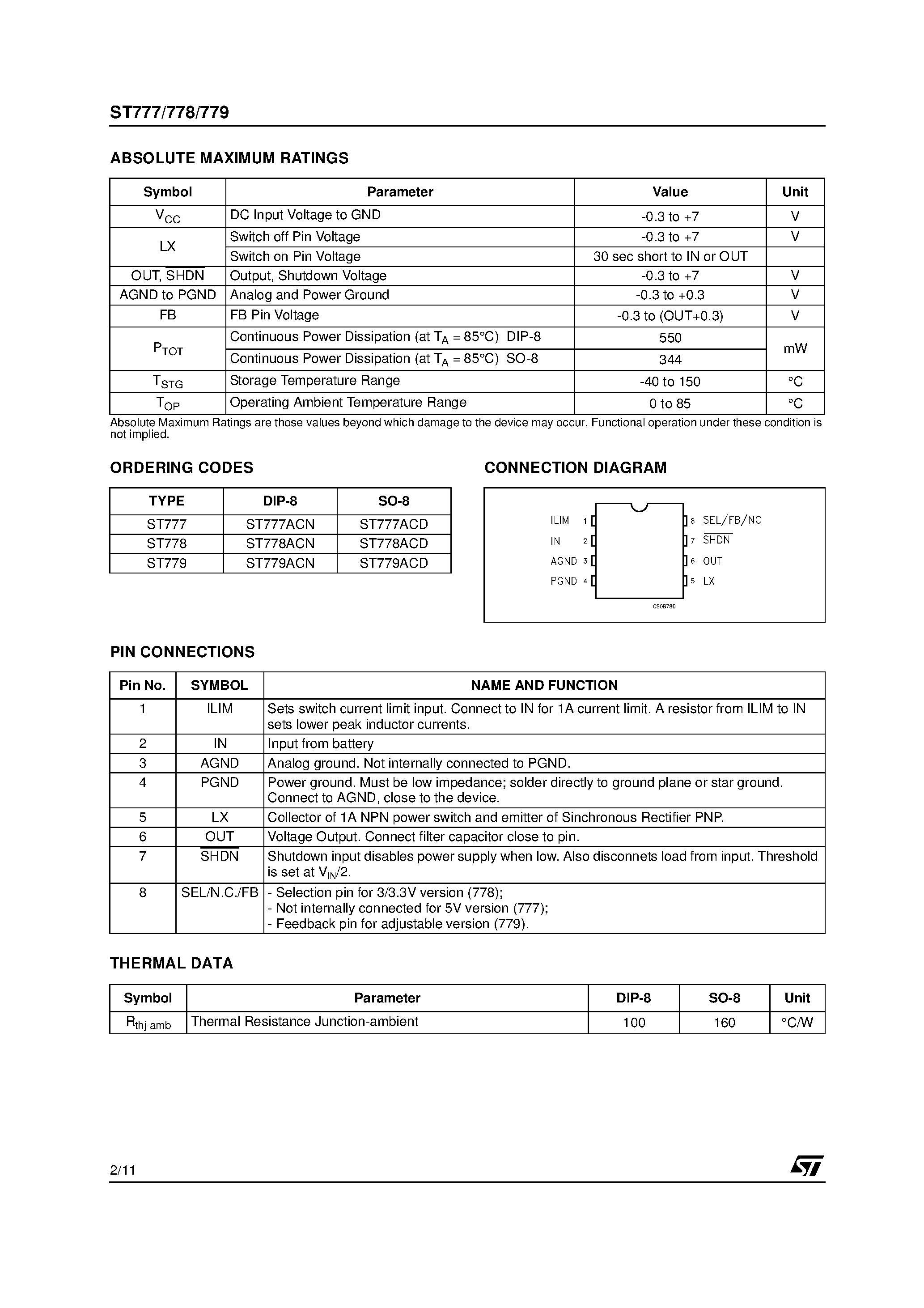 Datasheet ST777 page 2 Datasheet ST777 - (ST777 - ST779) ADJUSTABLE OUTPUT DC-DC CONVERTER page 2