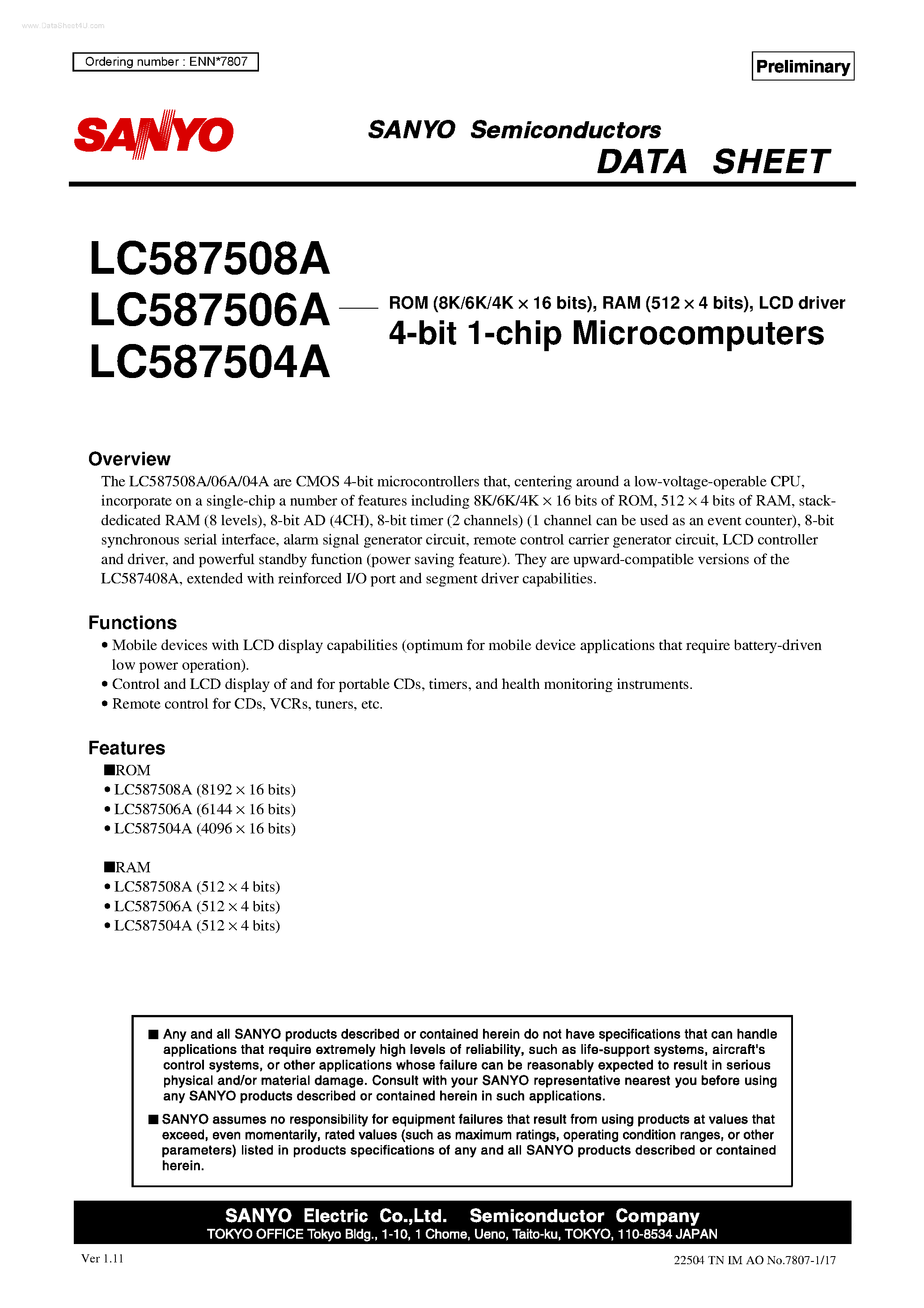 Даташит LC587506A - (LC587504A - LC587508A) 4-Bit 1-Chip Microcomputers страница 1