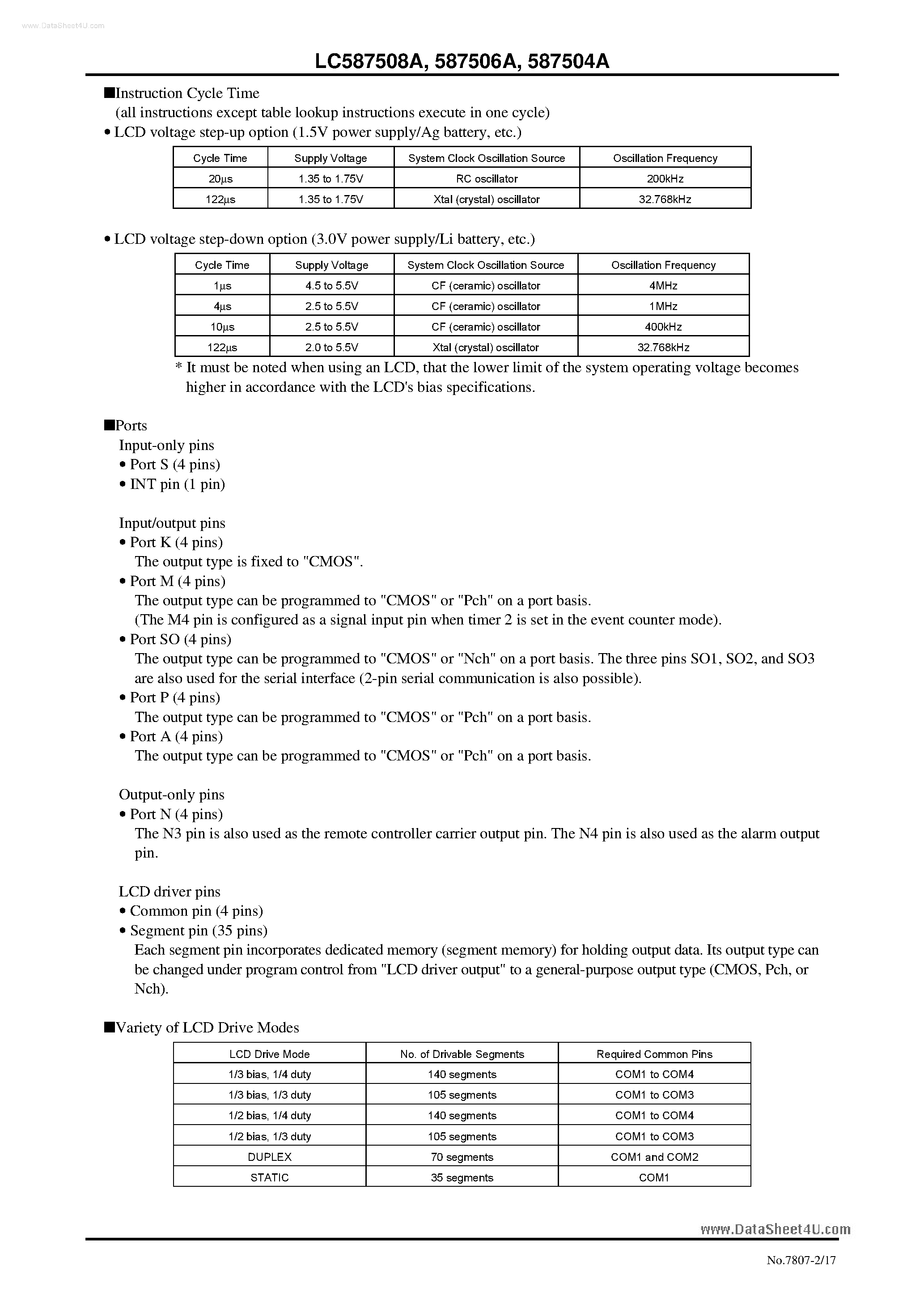 Даташит LC587506A - (LC587504A - LC587508A) 4-Bit 1-Chip Microcomputers страница 2