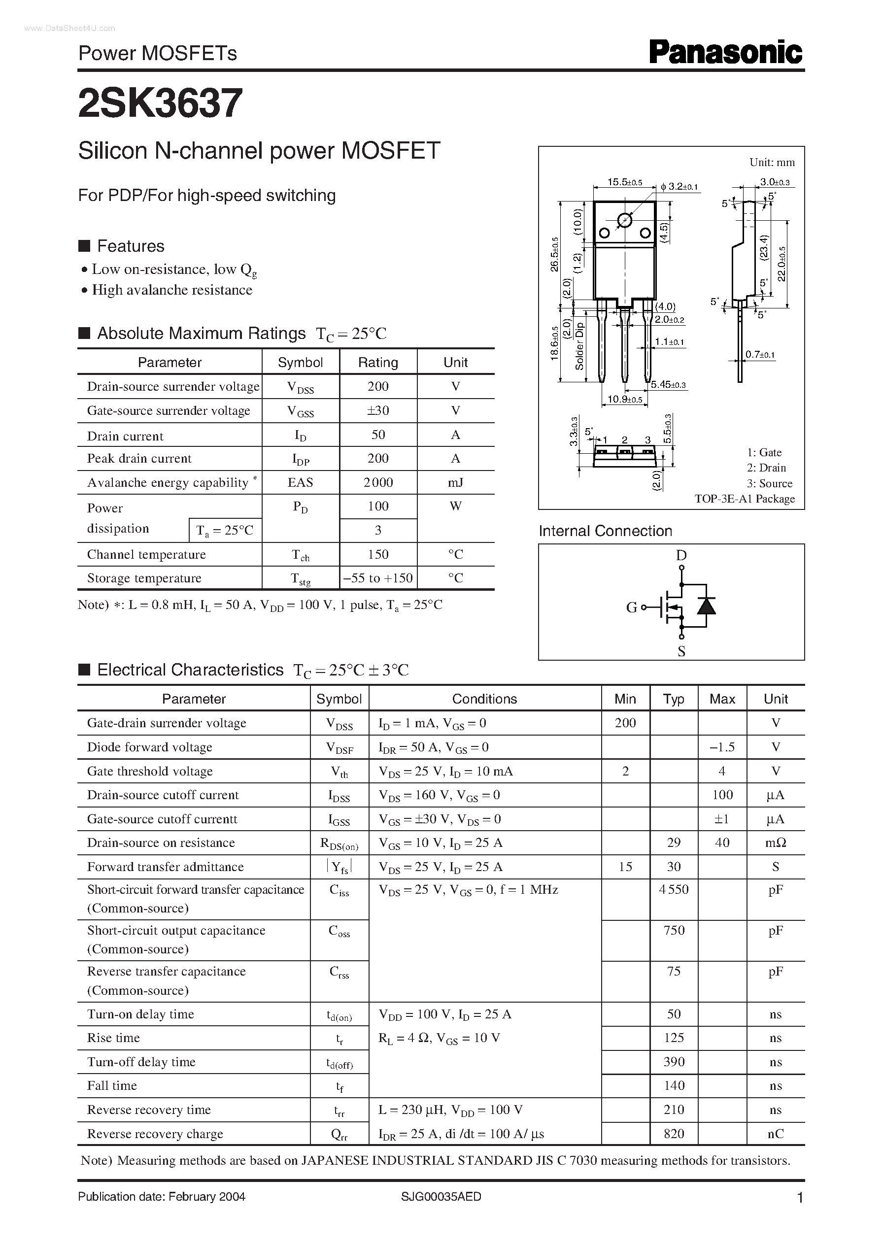 Datasheet 2SK3637 - Silicon N-channel power MOSFET page 1
