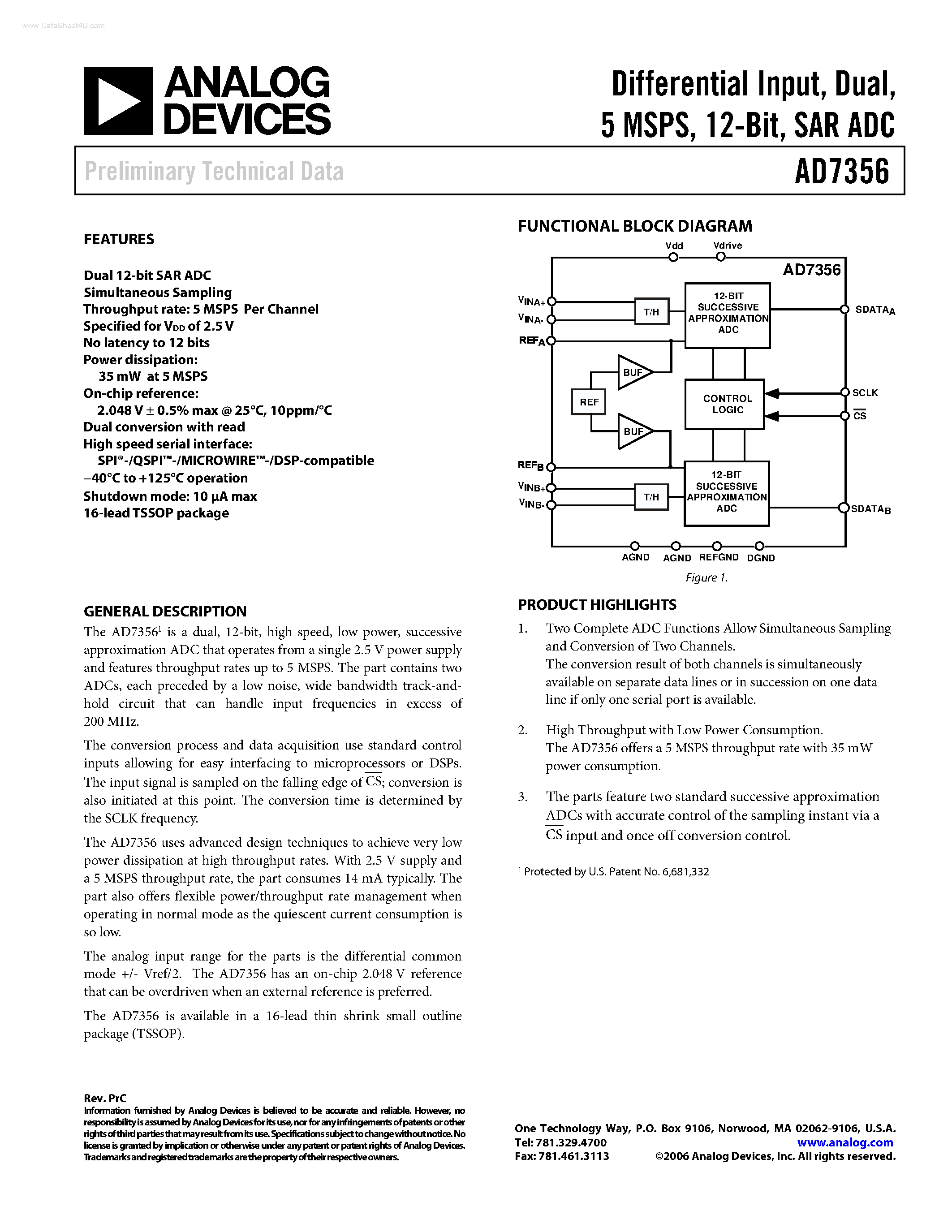 Datasheet AD7356 - SAR ADC page 1