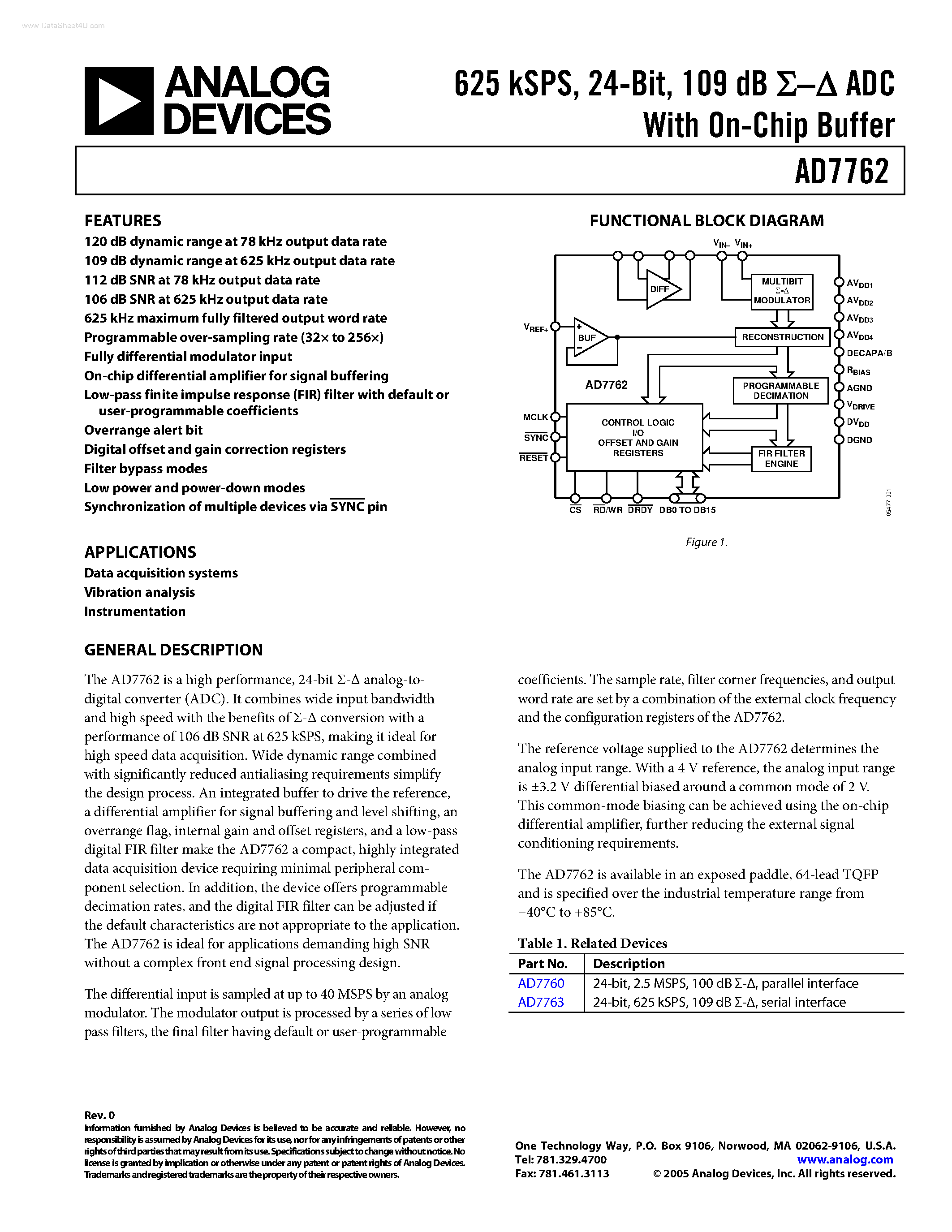 Datasheet AD7762 - With On-Chip Buffer 625 KSPS page 1