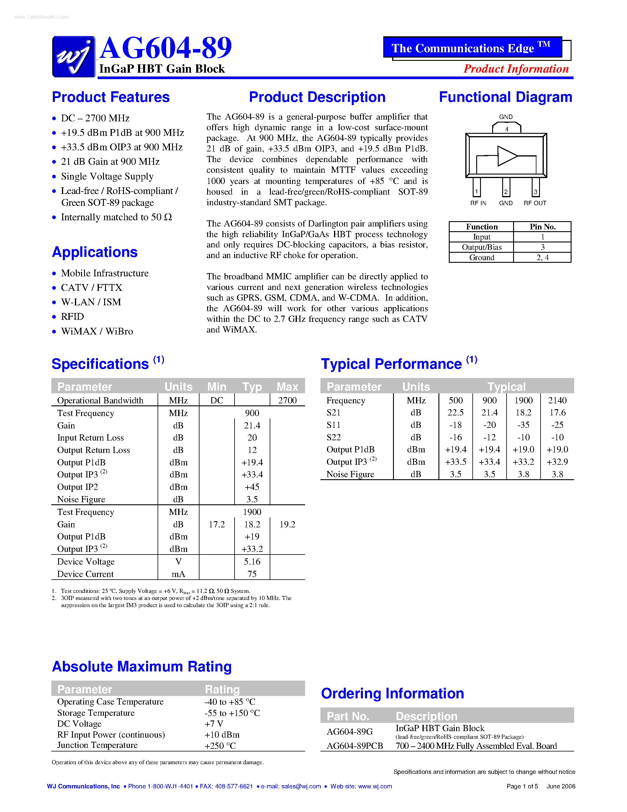 Datasheet AG604-89 page 1 Datasheet AG604-89 - InGaP HBT Gain Block page 1