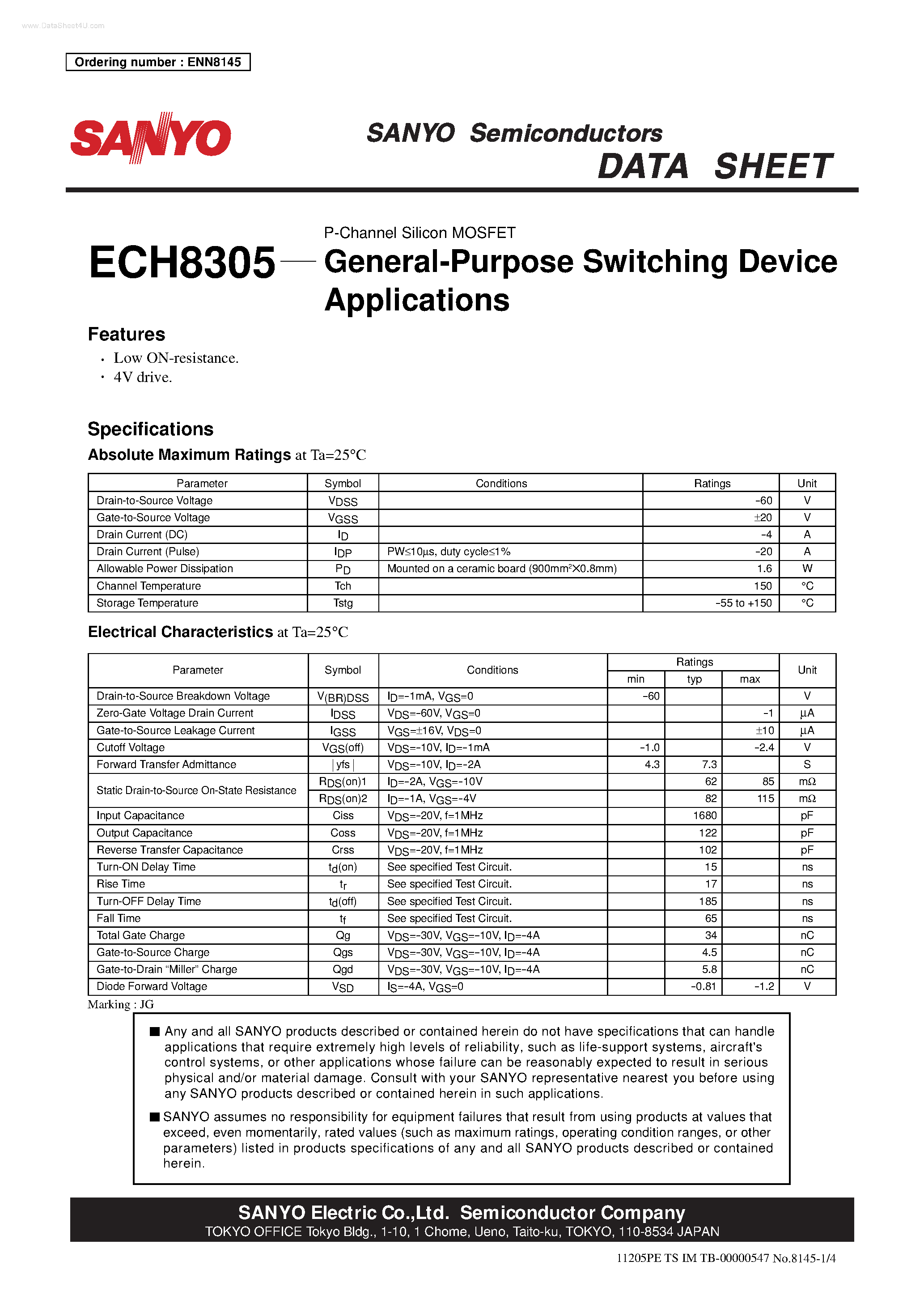 Даташит на микросхему ECH8305 страница 1 Даташит ECH8305 - General-Purpose Switching Device страница 1