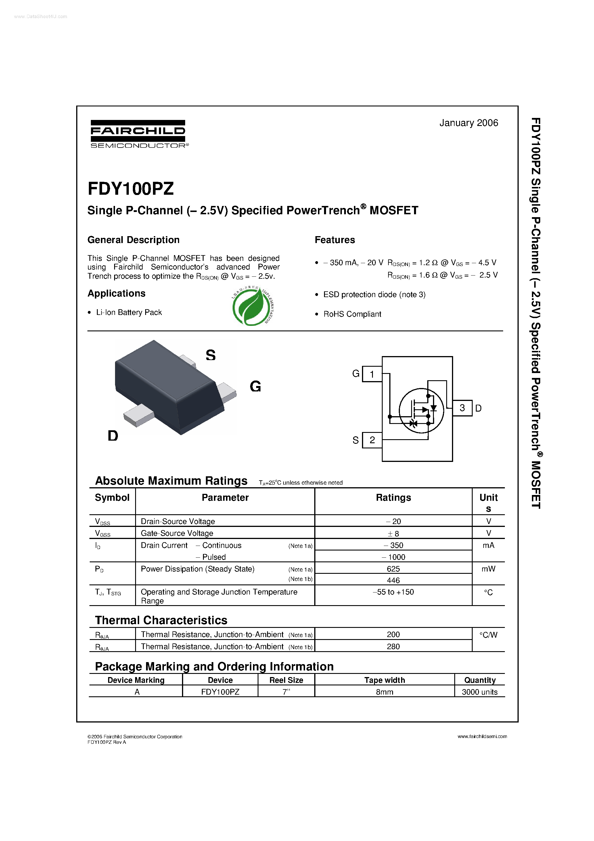 Datasheet FDY100PZ - Single P-Channel Specified PowerTrench MOSFET page 1