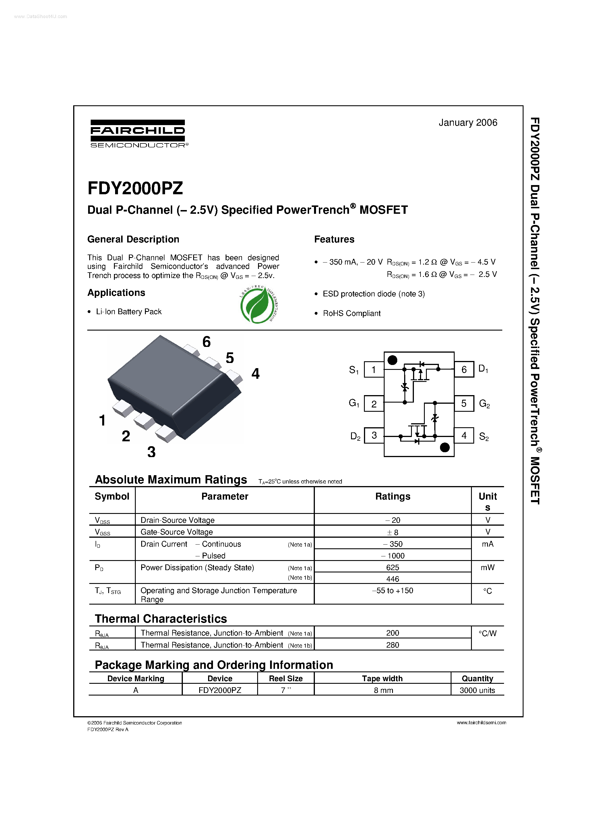 Datasheet FDY2000PZ page 1 Datasheet FDY2000PZ - Dual P-Channel Specified PowerTrenchR MOSFET page 1