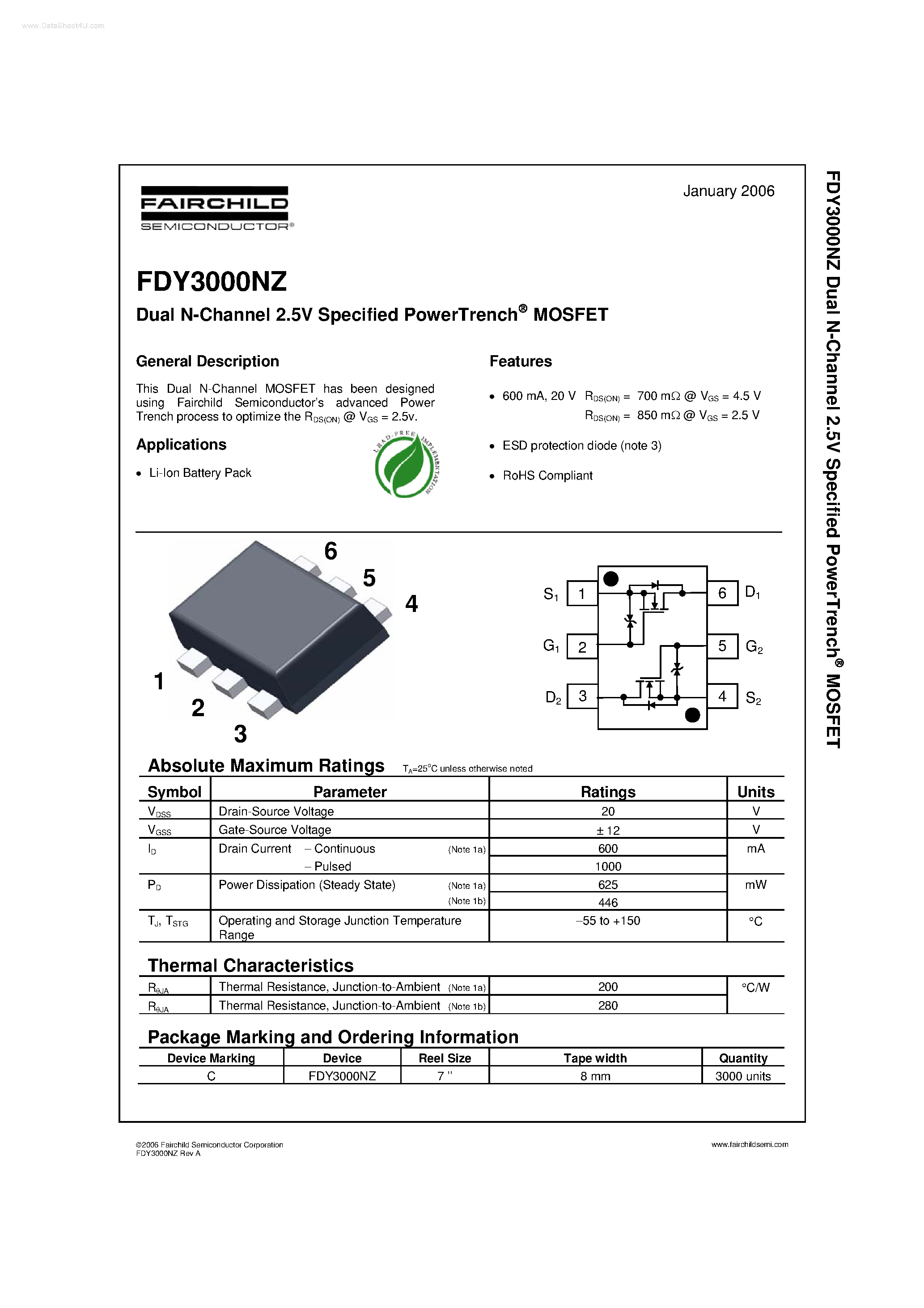 Datasheet FDY3000NZ - Dual N-Channel Specified PowerTrench MOSFET page 1