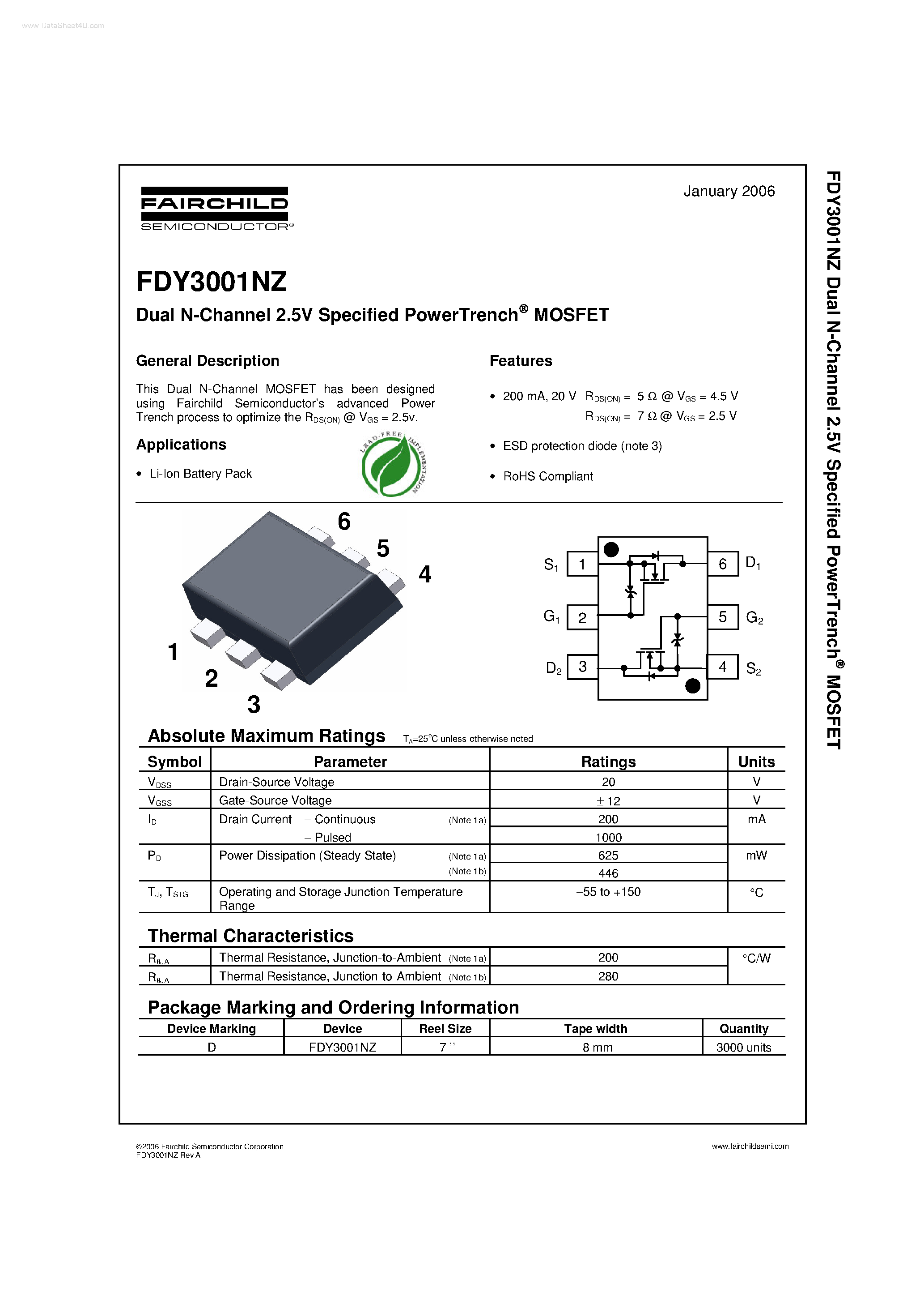 Datasheet FDY3001NZ - Dual N-Channel Specified PowerTrench MOSFET page 1