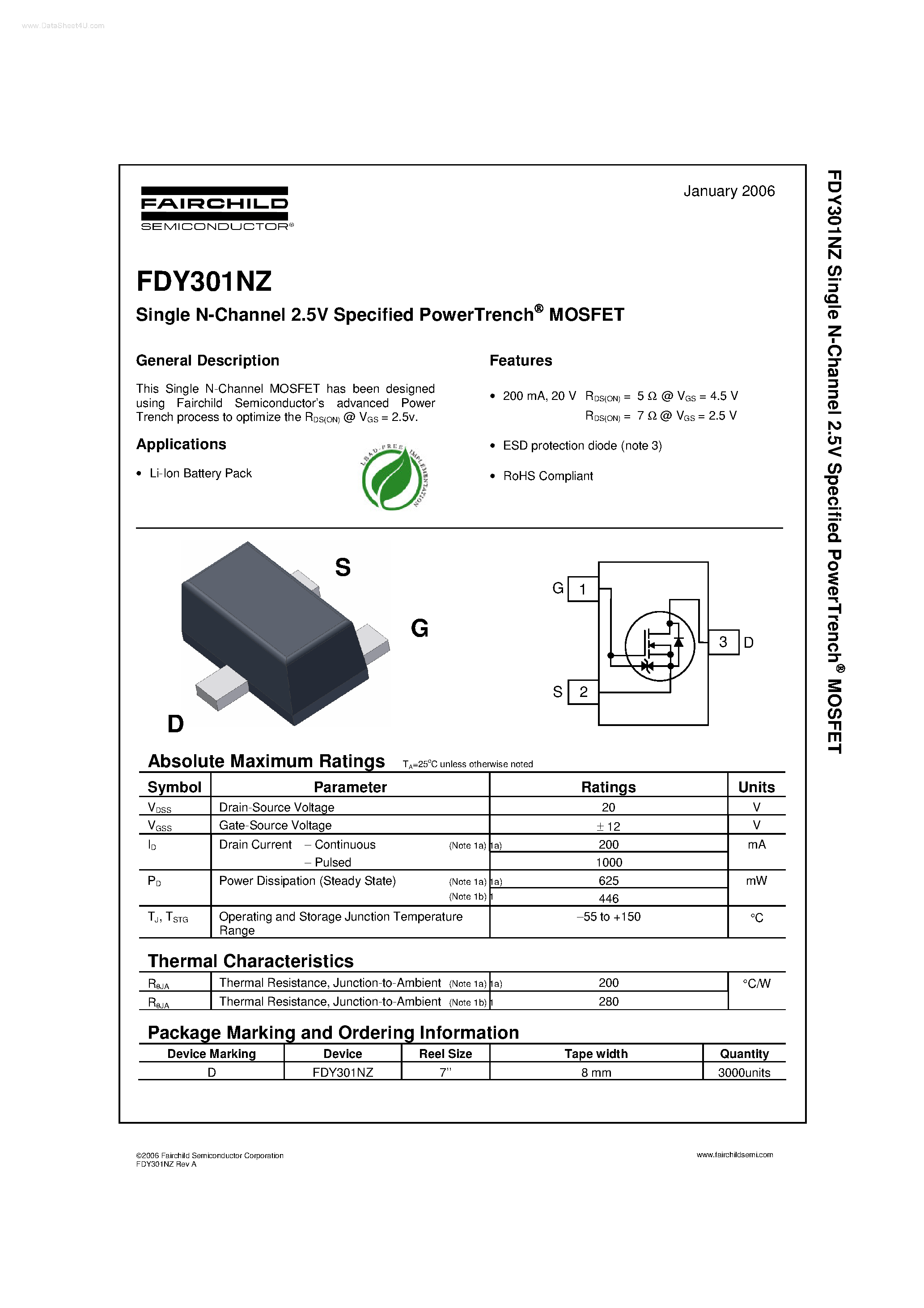 Datasheet FDY301NZ - Single N-Channel Specified PowerTrench MOSFET page 1
