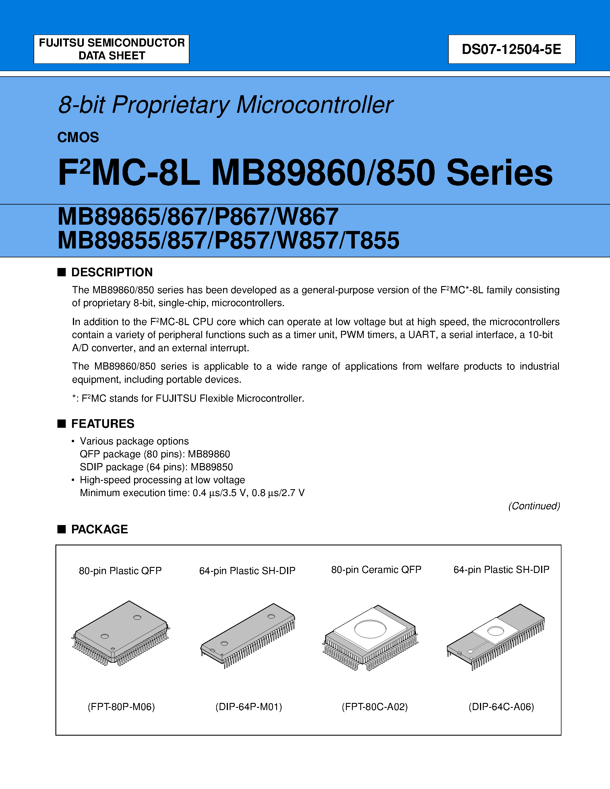 Datasheet MB89850 - (MB89850 / MB89860 Series) 8-bit Proprietary Microcontroller page 1