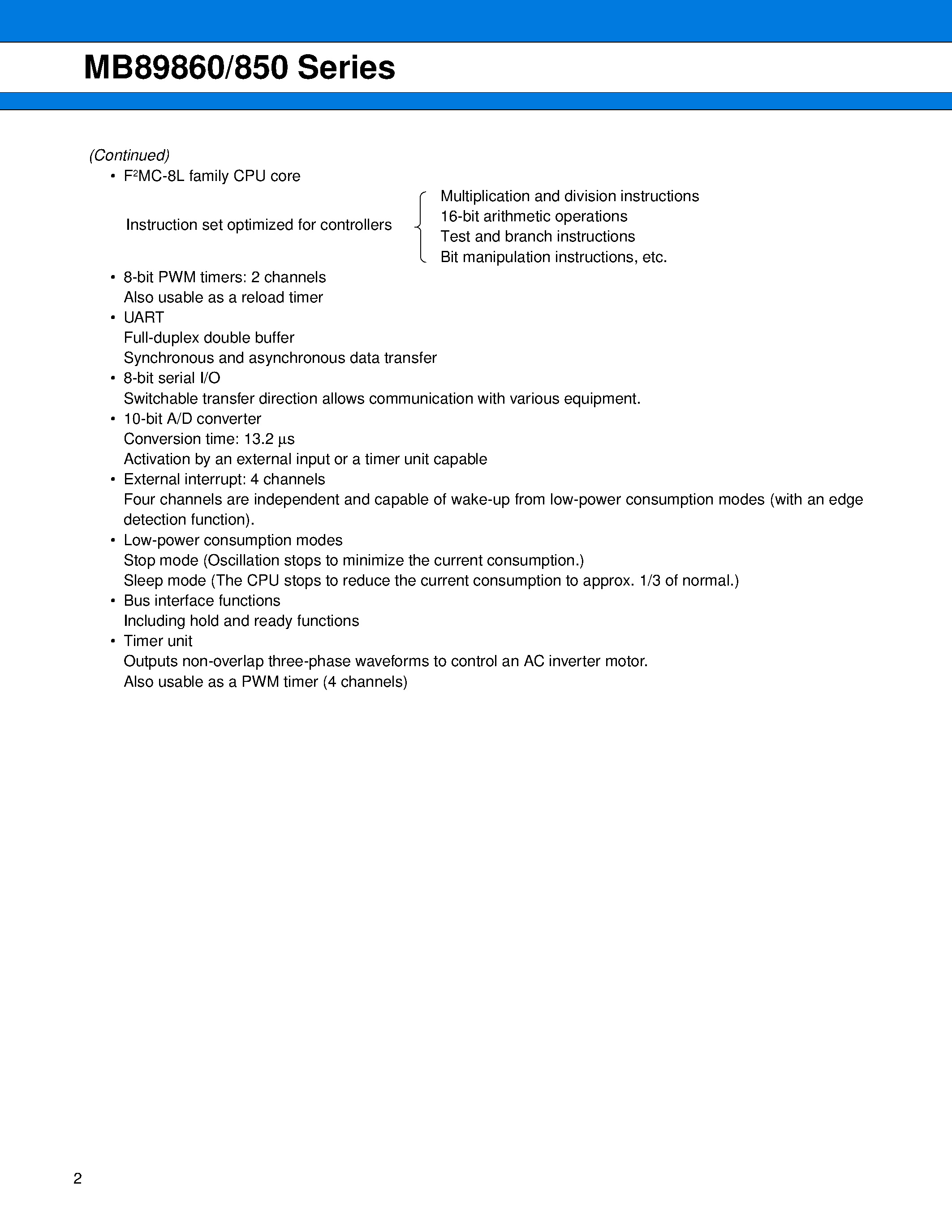 Datasheet MB89850 - (MB89850 / MB89860 Series) 8-bit Proprietary Microcontroller page 2