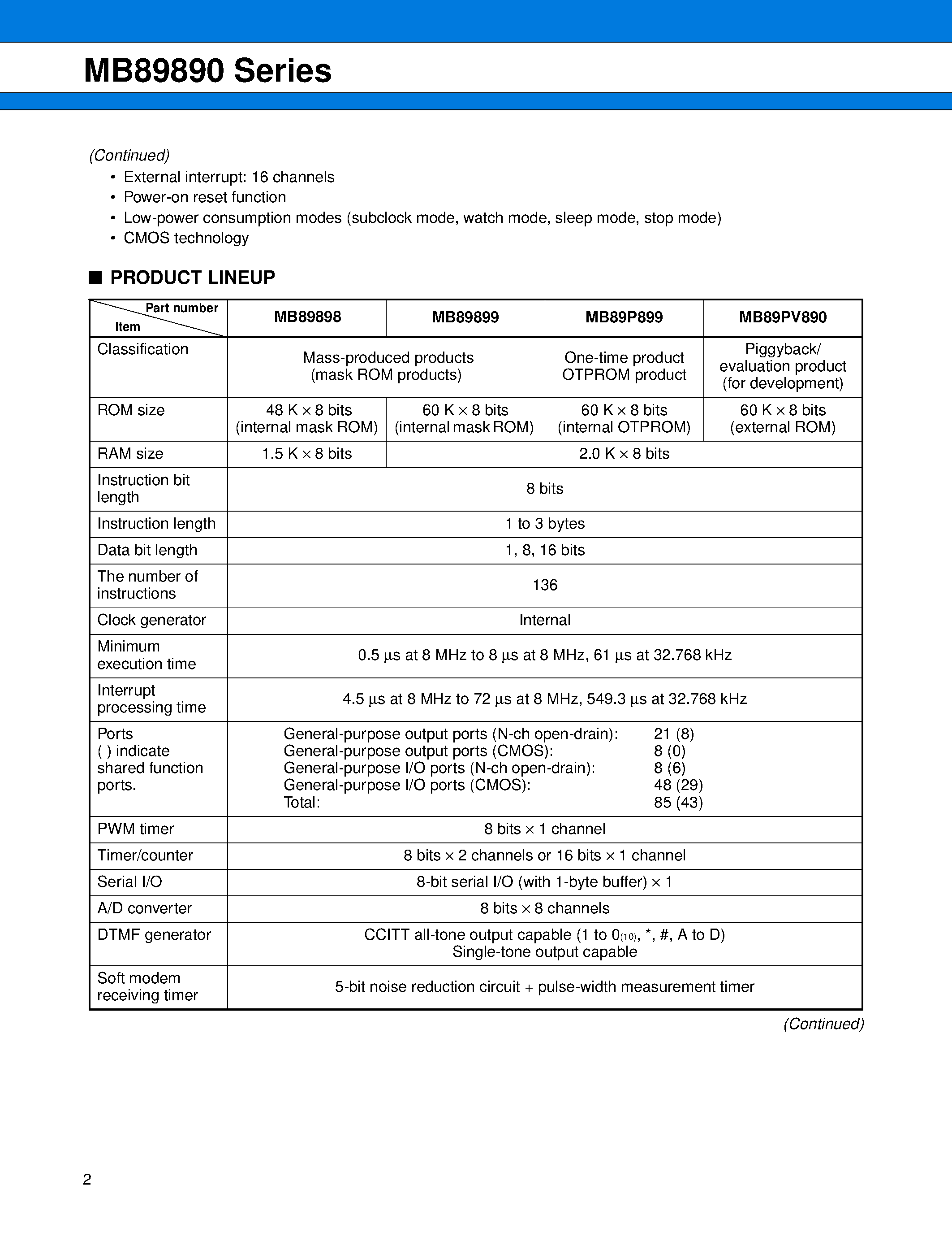 Datasheet MB89890 page 2 Datasheet MB89890 - (MB89890 Series) 8-bit Proprietary Microcontroller page 2