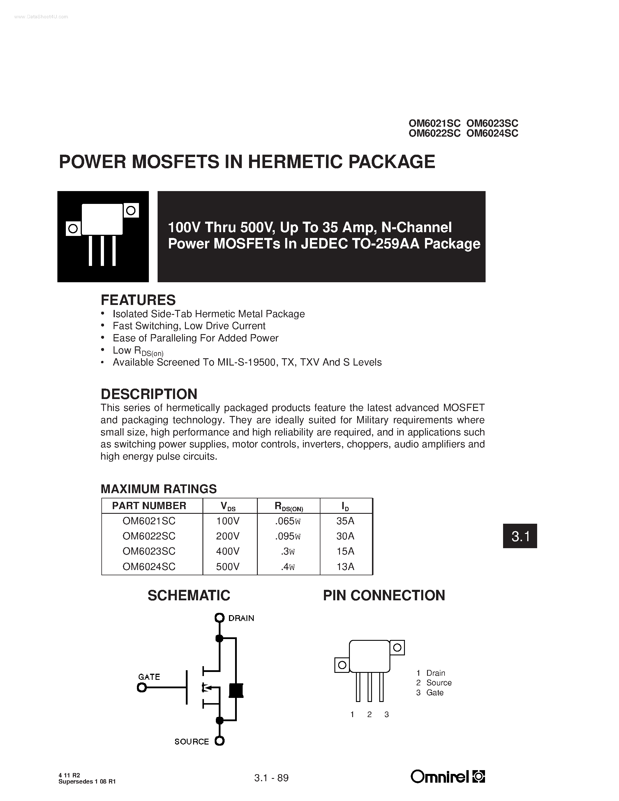 Datasheet OM6021SC - (OM6021SC - OM6024SC) N-Channel Power MOSFETs page 1