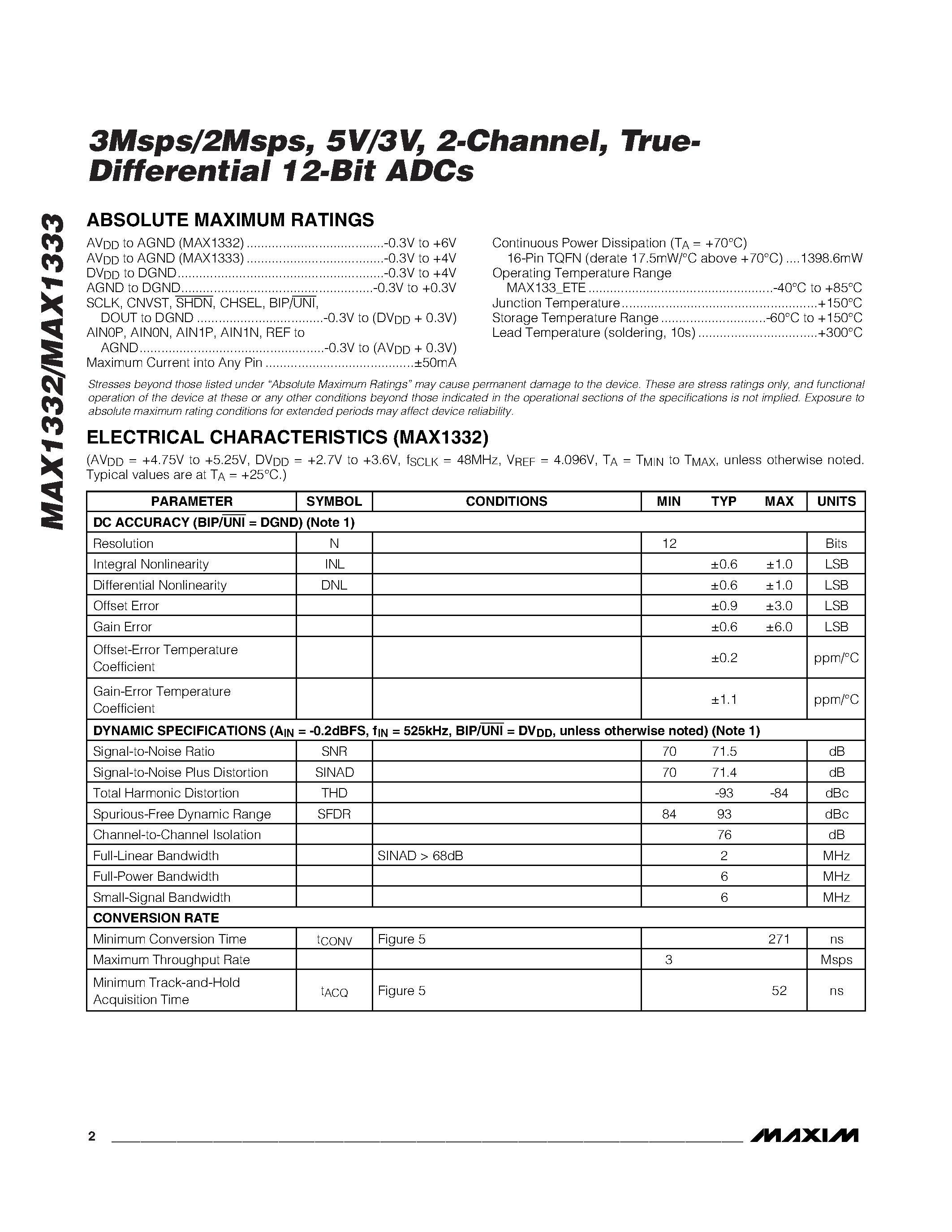 Datasheet MAX1332 - (MAX1332 / MAX1333) True-Differential 12-Bit ADCs page 2