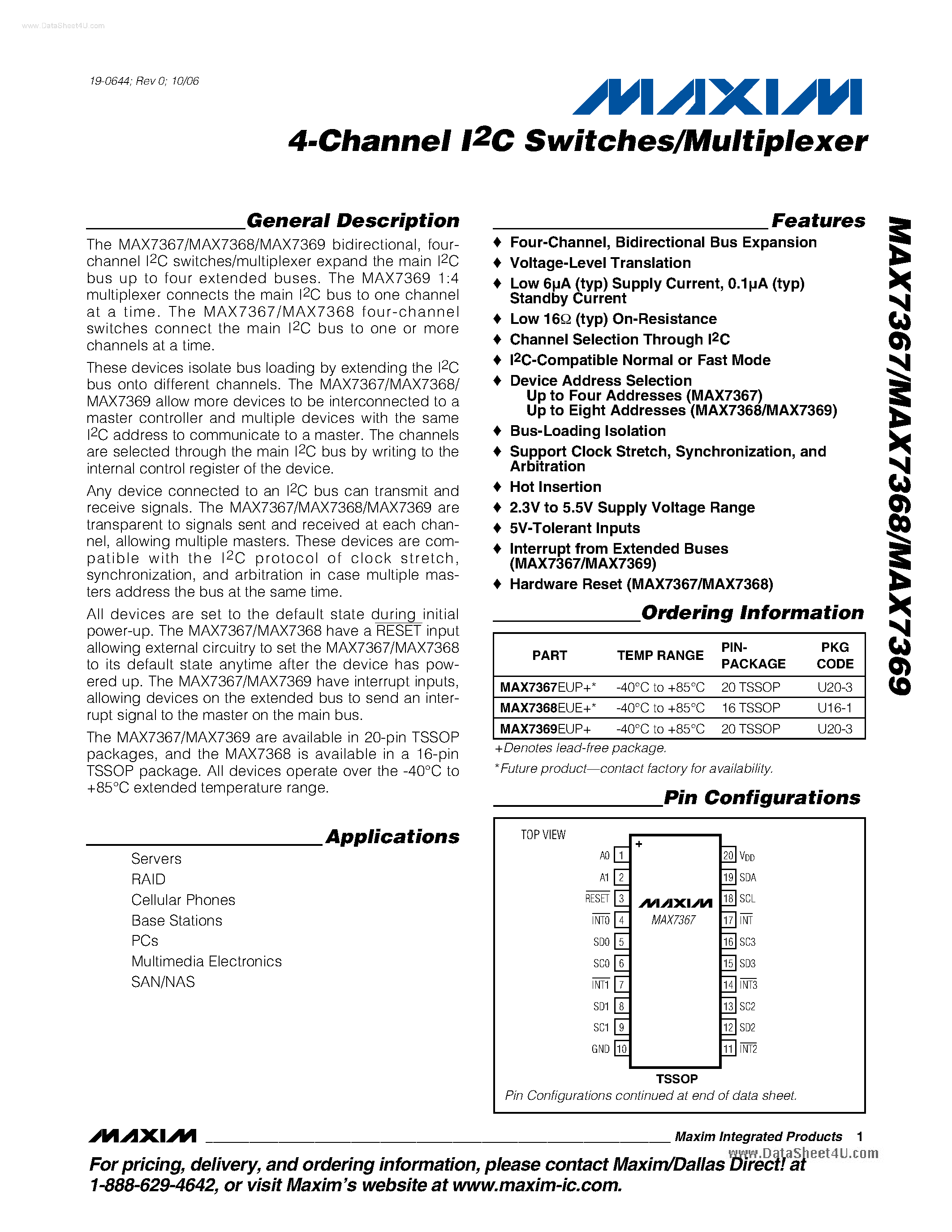 Datasheet MAX7367 - (MAX7367 - MAX7369) 4-Channel I2C Switches / Multiplexer page 1