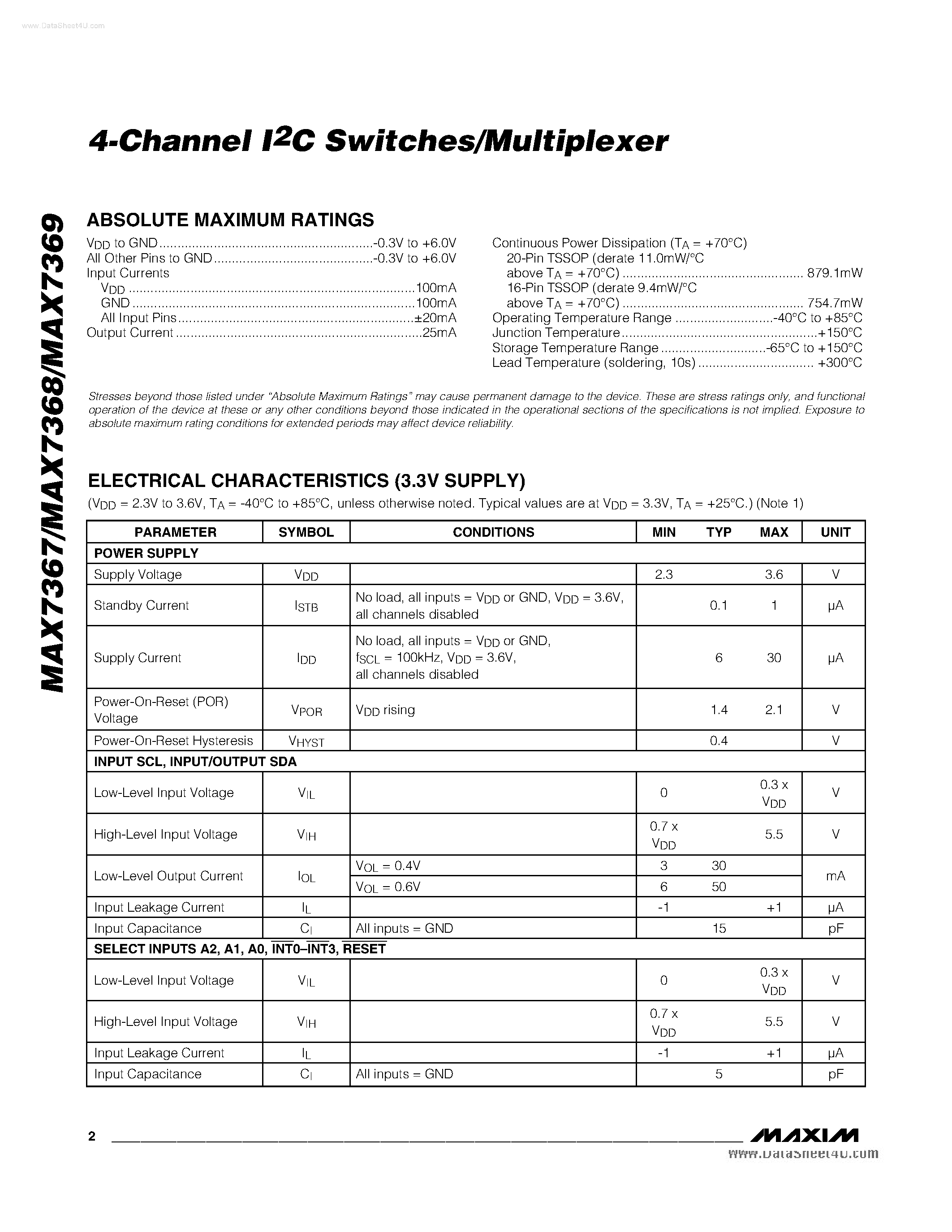 Datasheet MAX7367 - (MAX7367 - MAX7369) 4-Channel I2C Switches / Multiplexer page 2