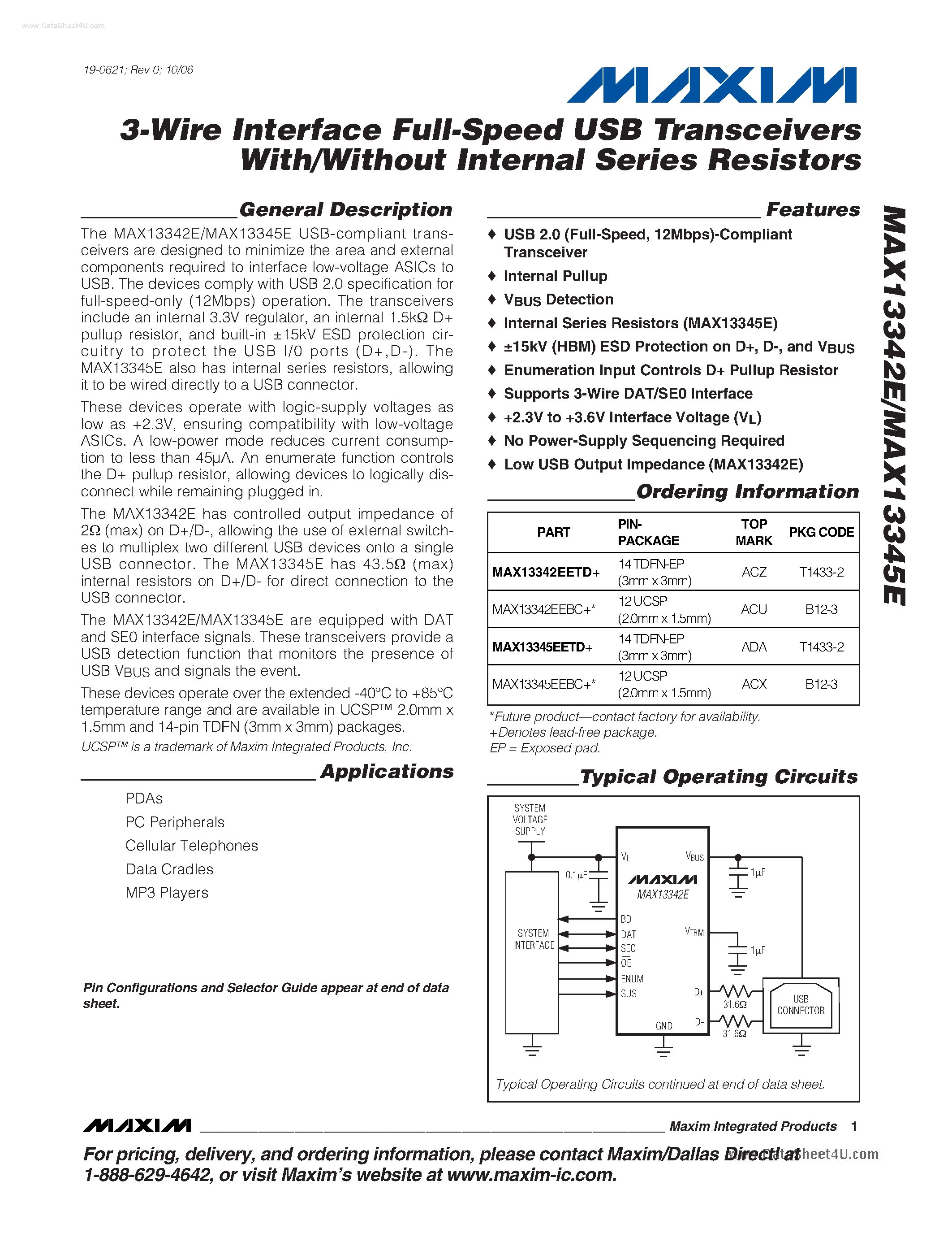 Datasheet MAX13342E - (MAX13342E / MAX13345E) 3-Wire Interface Full Speed USB Transceivers page 1