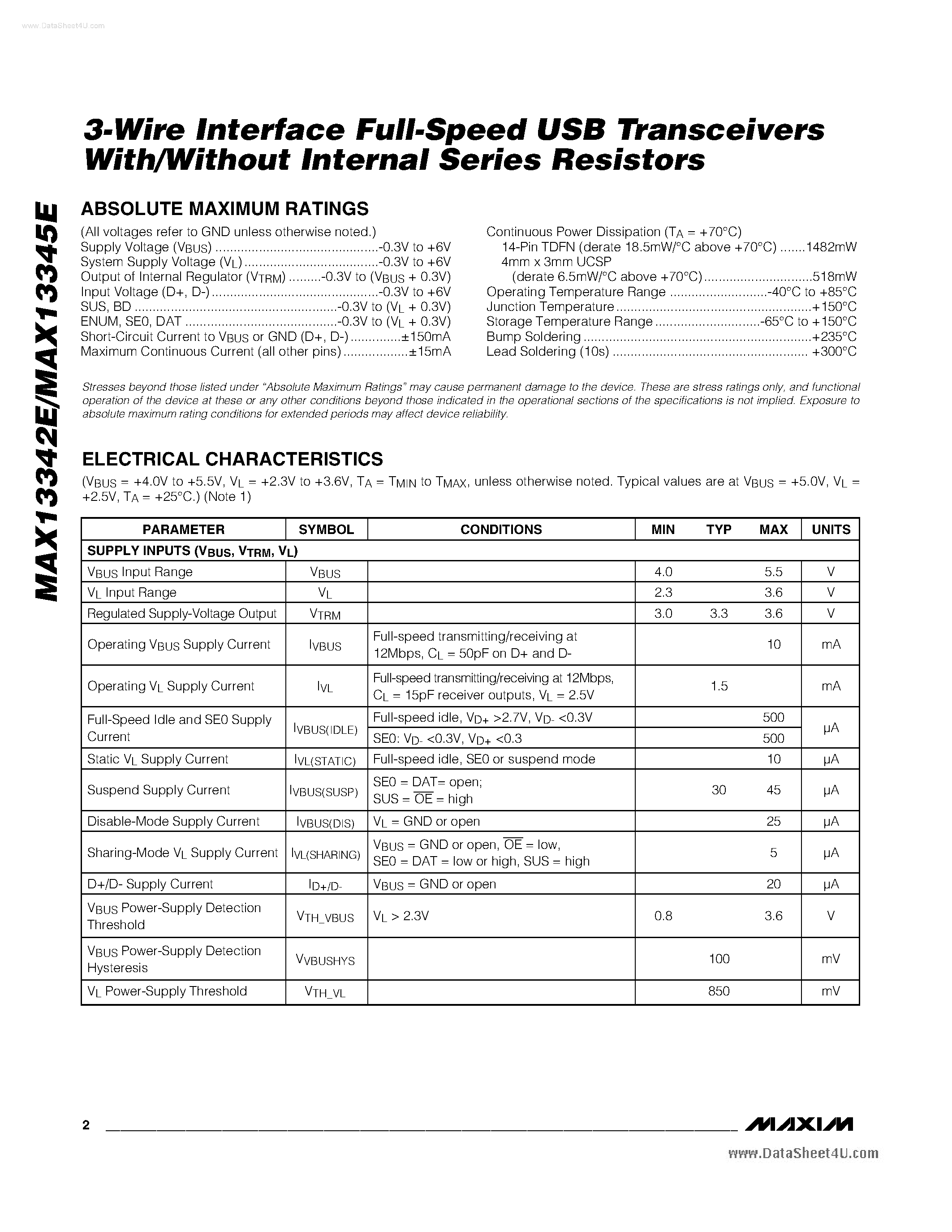 Datasheet MAX13342E - (MAX13342E / MAX13345E) 3-Wire Interface Full Speed USB Transceivers page 2
