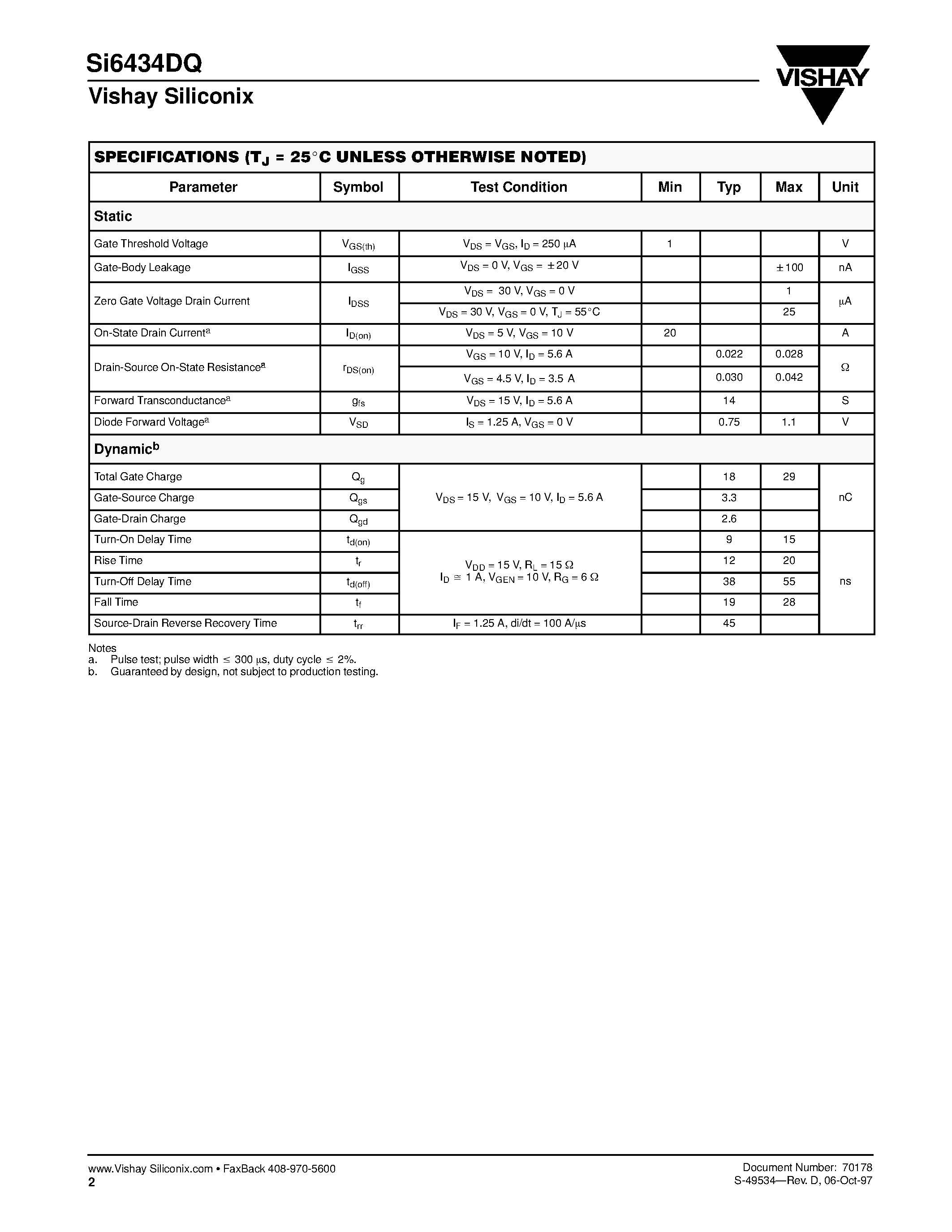 Даташит SI6434DQ - N-Channel 30-V (D-S) MOSFET страница 2