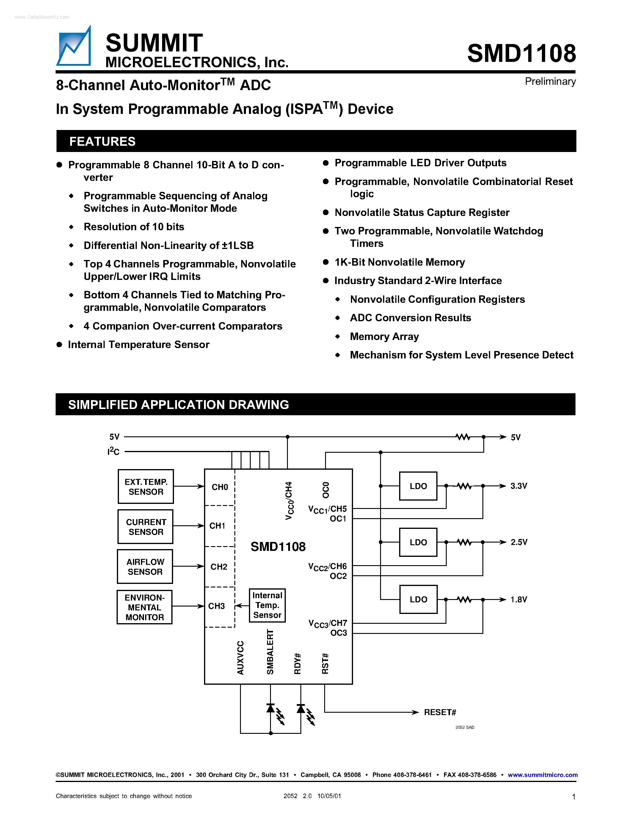 Даташит на микросхему SMD1108 страница 1 Даташит SMD1108 - 8-Channel Auto-Monitor ADC страница 1