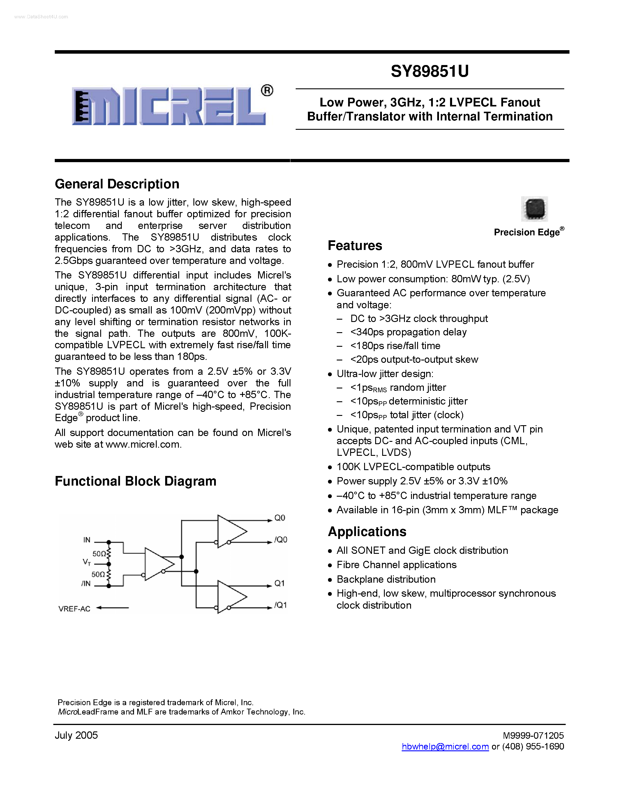 Datasheet SY89851U - 1:2 LVPECL Fanout Buffer/Translator page 1