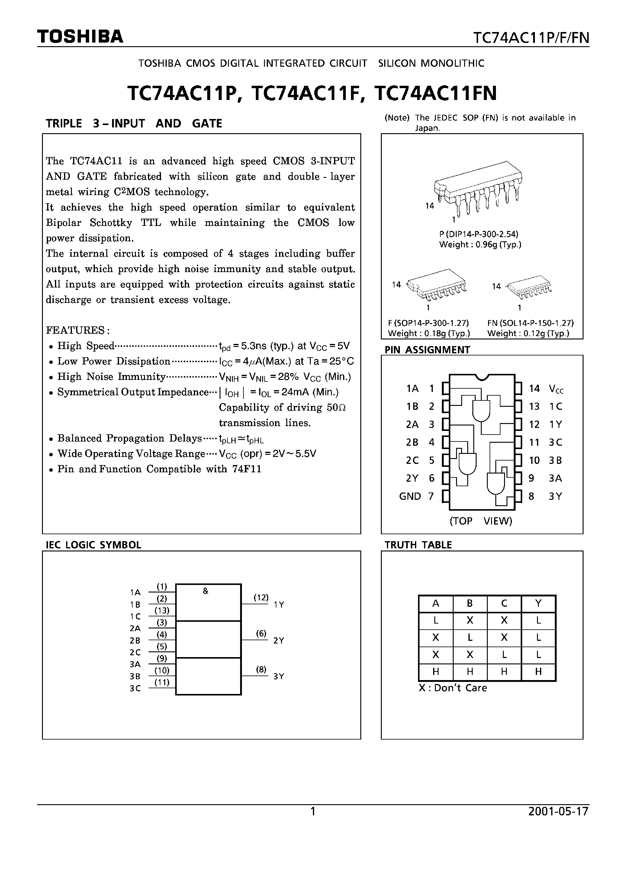 Datasheet TC74AC11F page 1 Datasheet TC74AC11F - TRIPLE 3-INPUT AND GATE page 1